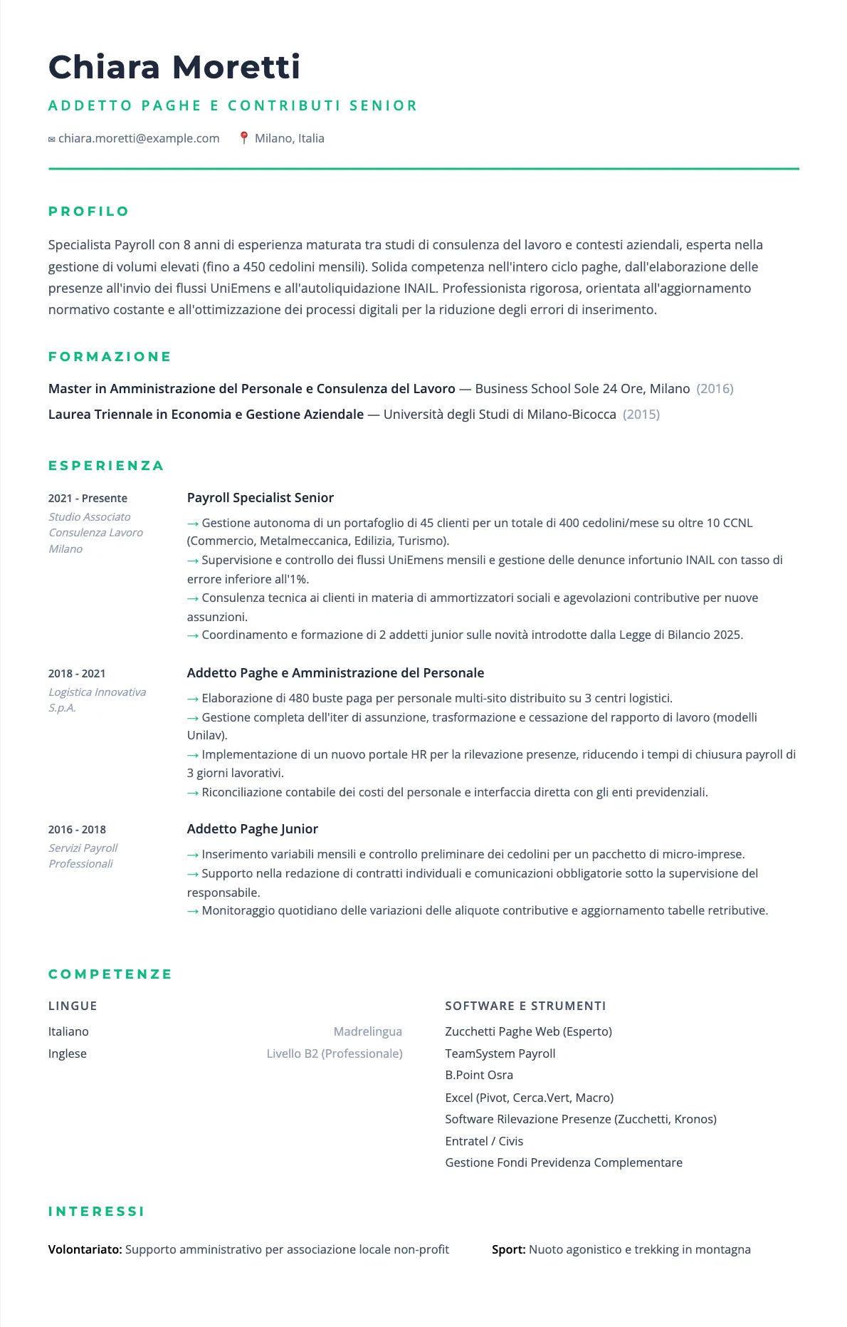 Esempio di CV Addetto Paghe e Contributi 2026