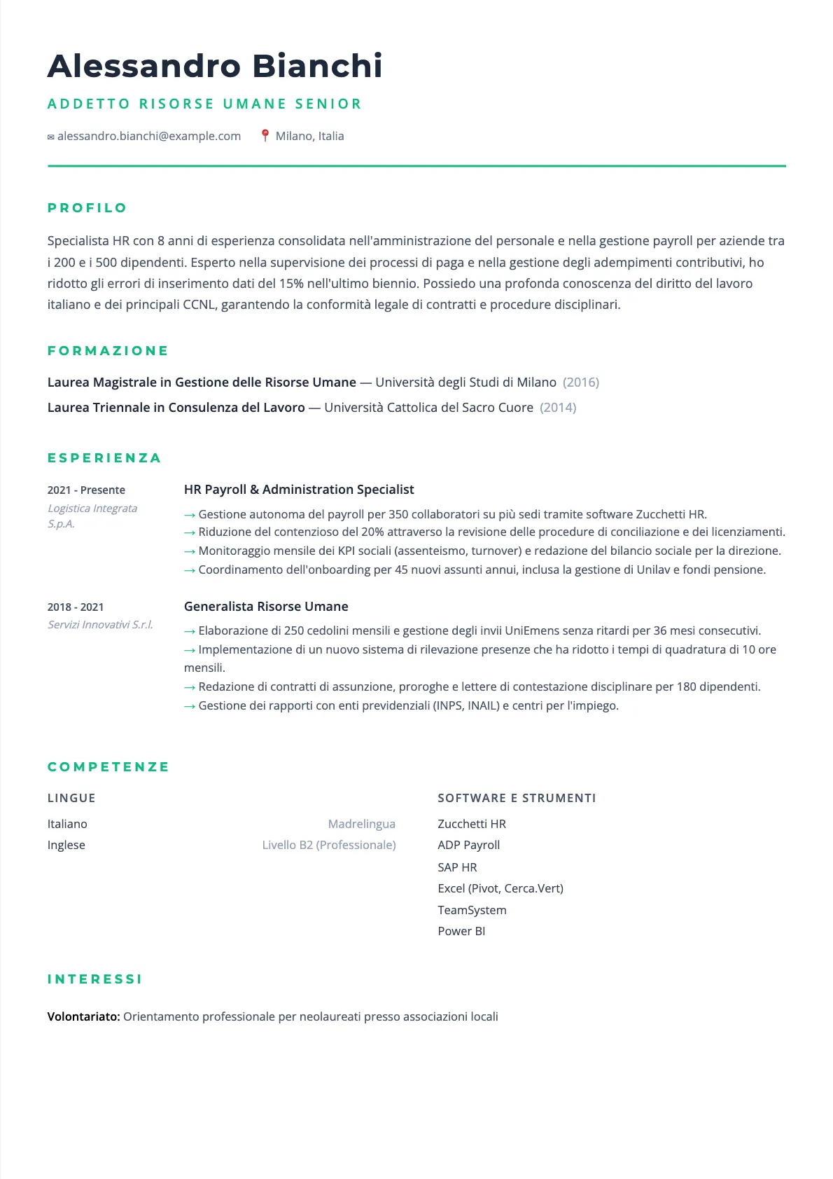 Esempio di CV Addetto Risorse Umane 2026