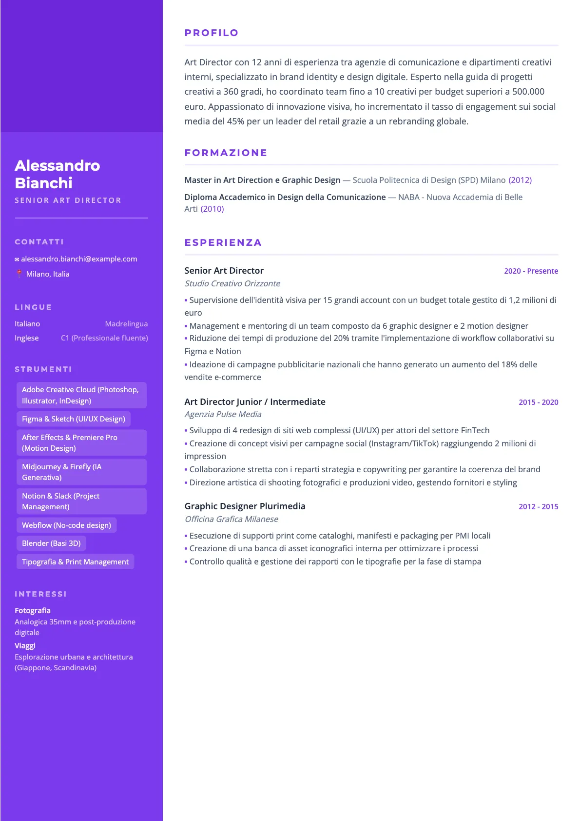 Esempio di CV per Art Director 2026
