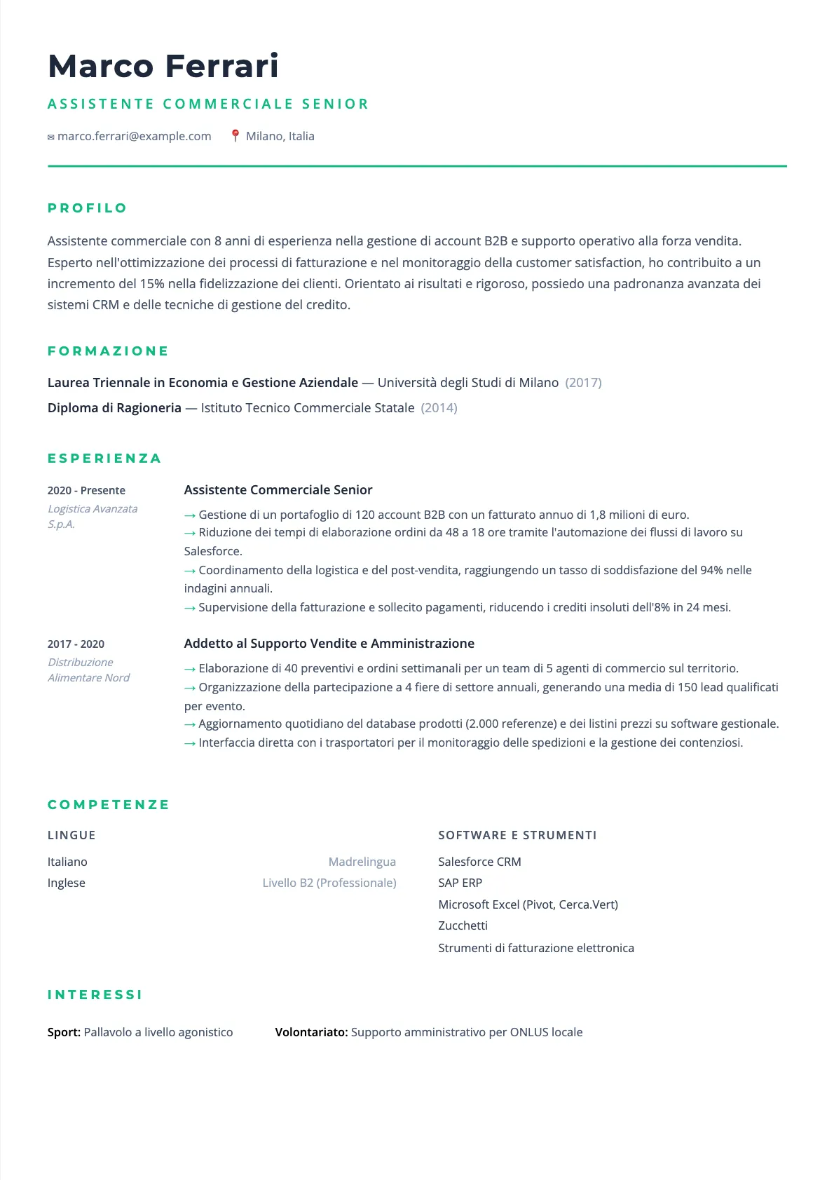 Esempio di CV Assistente Commerciale 2026