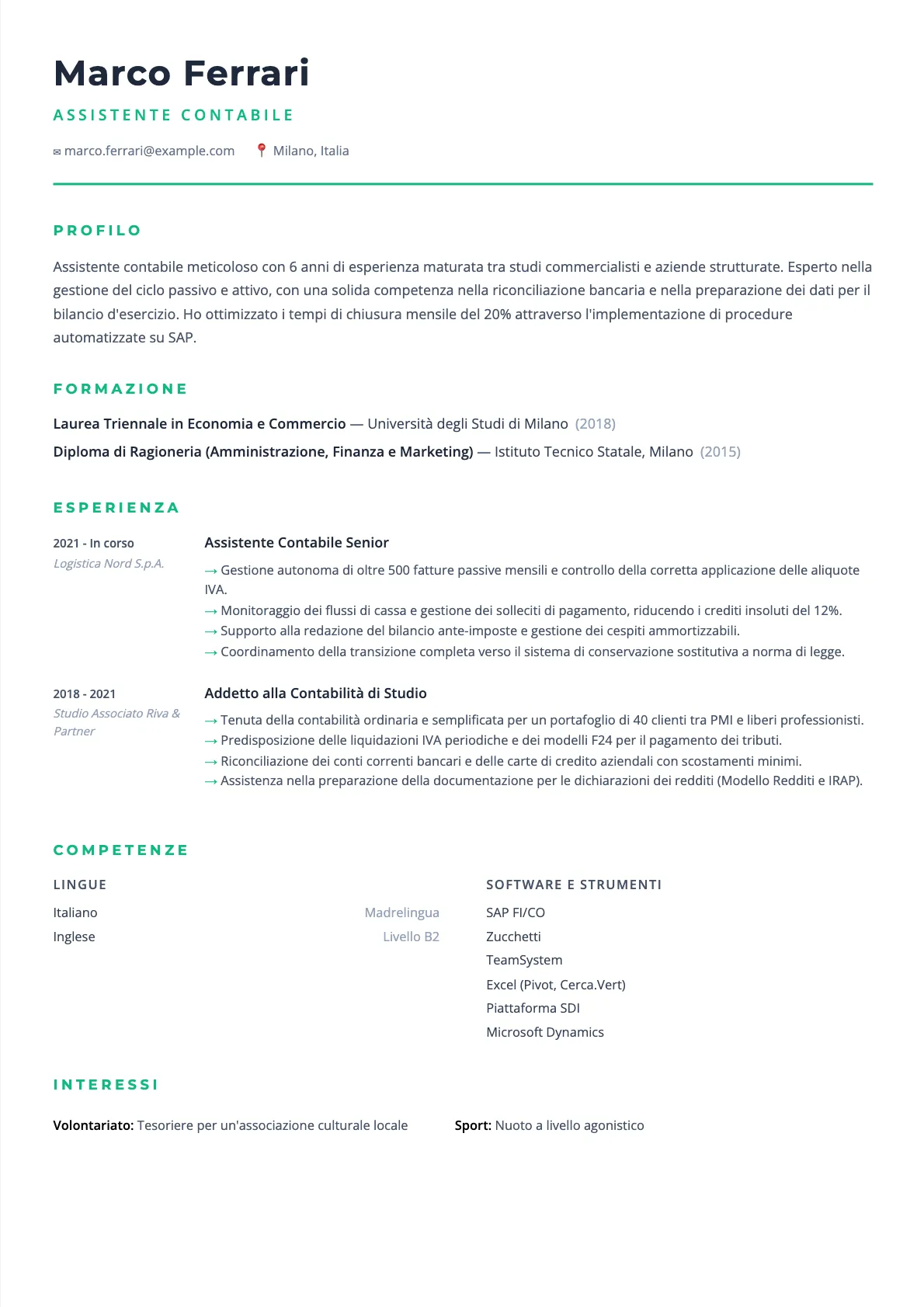 CV assistente contabile: esempio 2026 e guida pratica