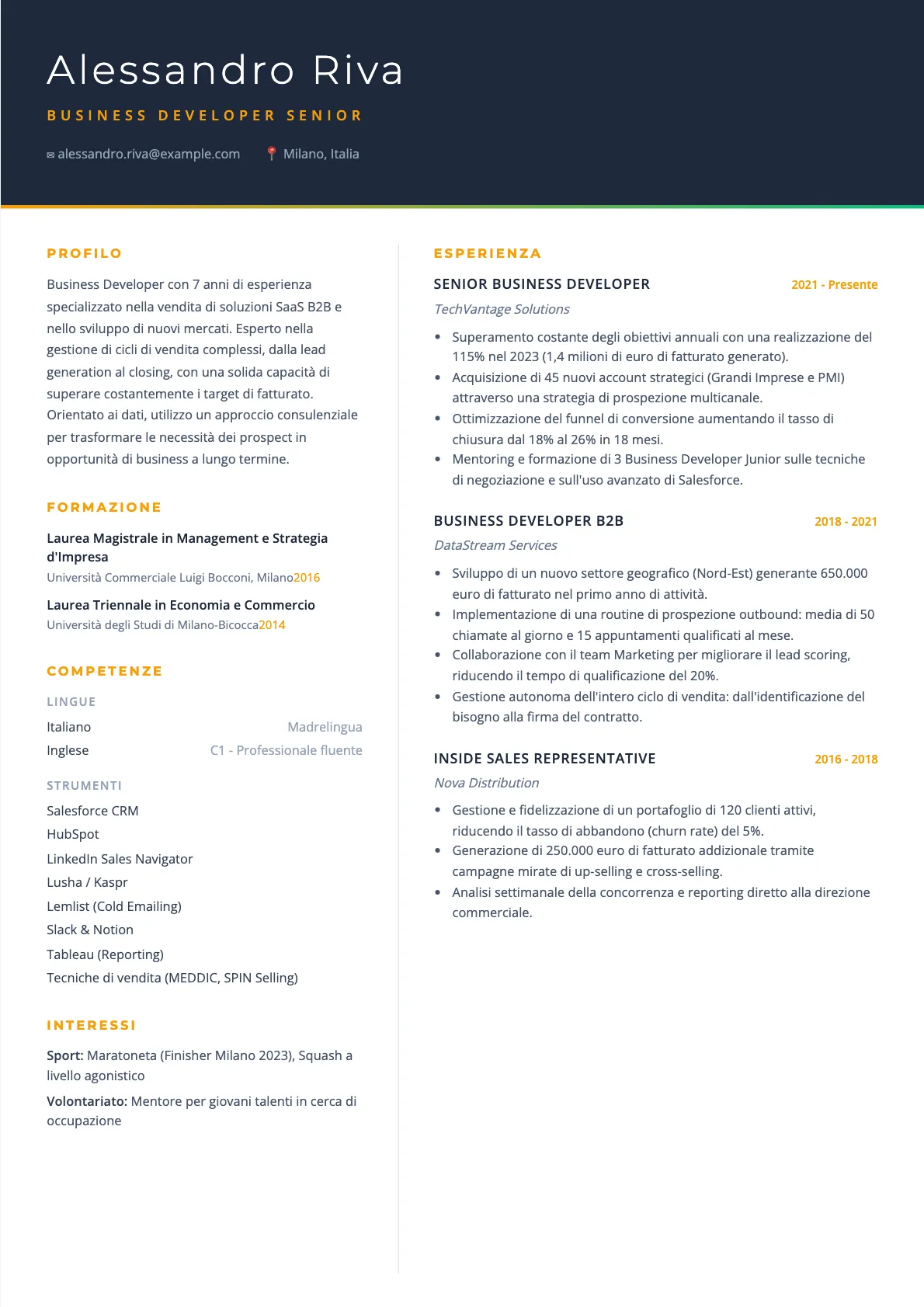 Esempio di CV per Business Developer 2026
