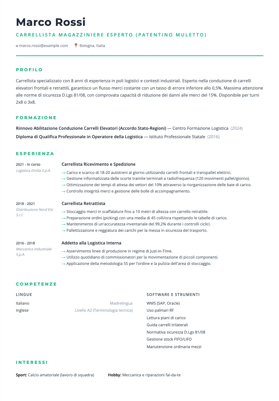 Esempio di CV Carrellista 2026