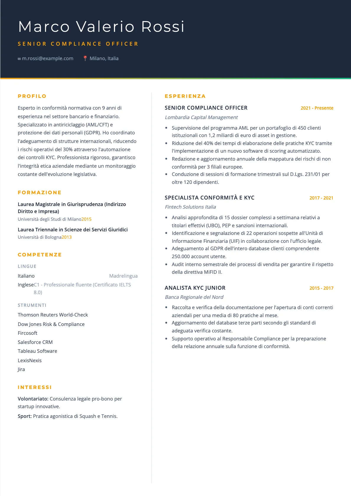 Esempio di CV per Compliance Officer 2026