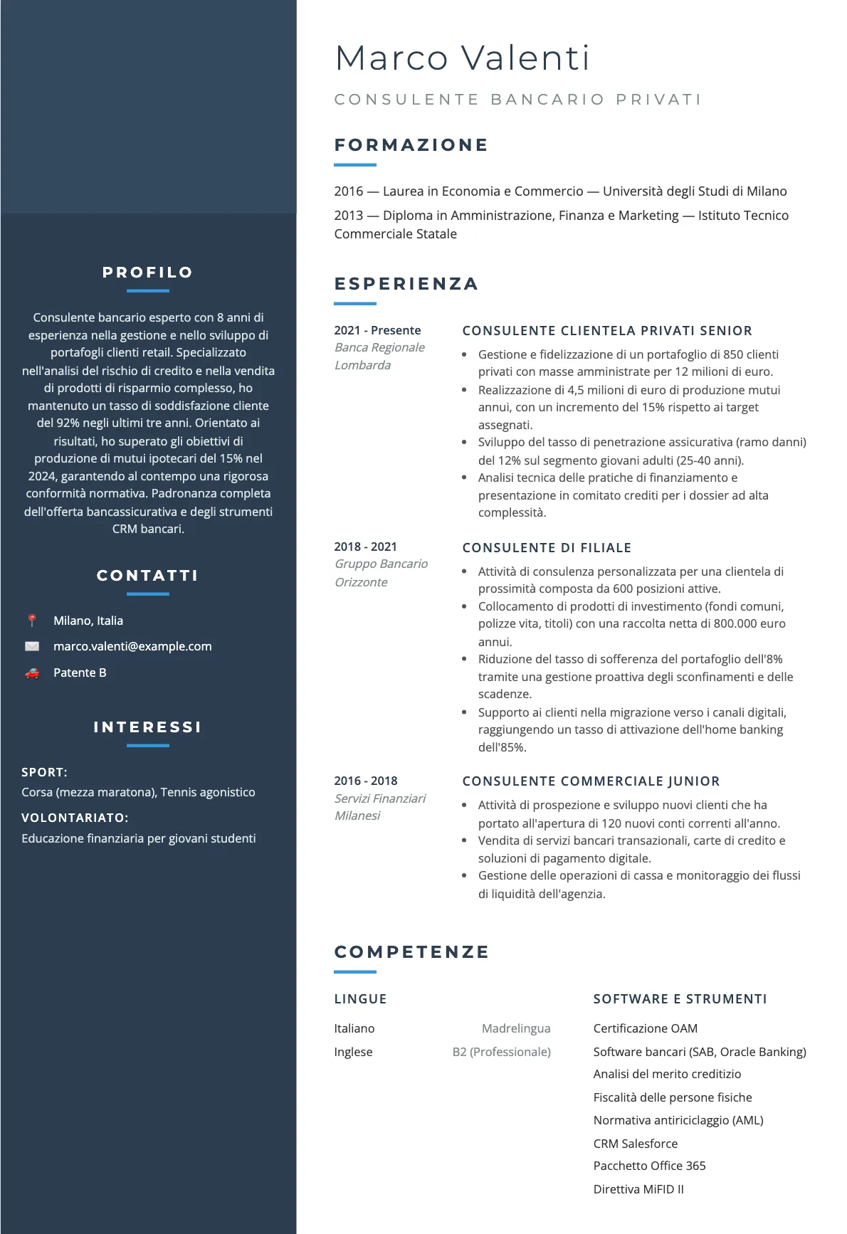 Esempio di CV Consulente Bancario Privati 2026