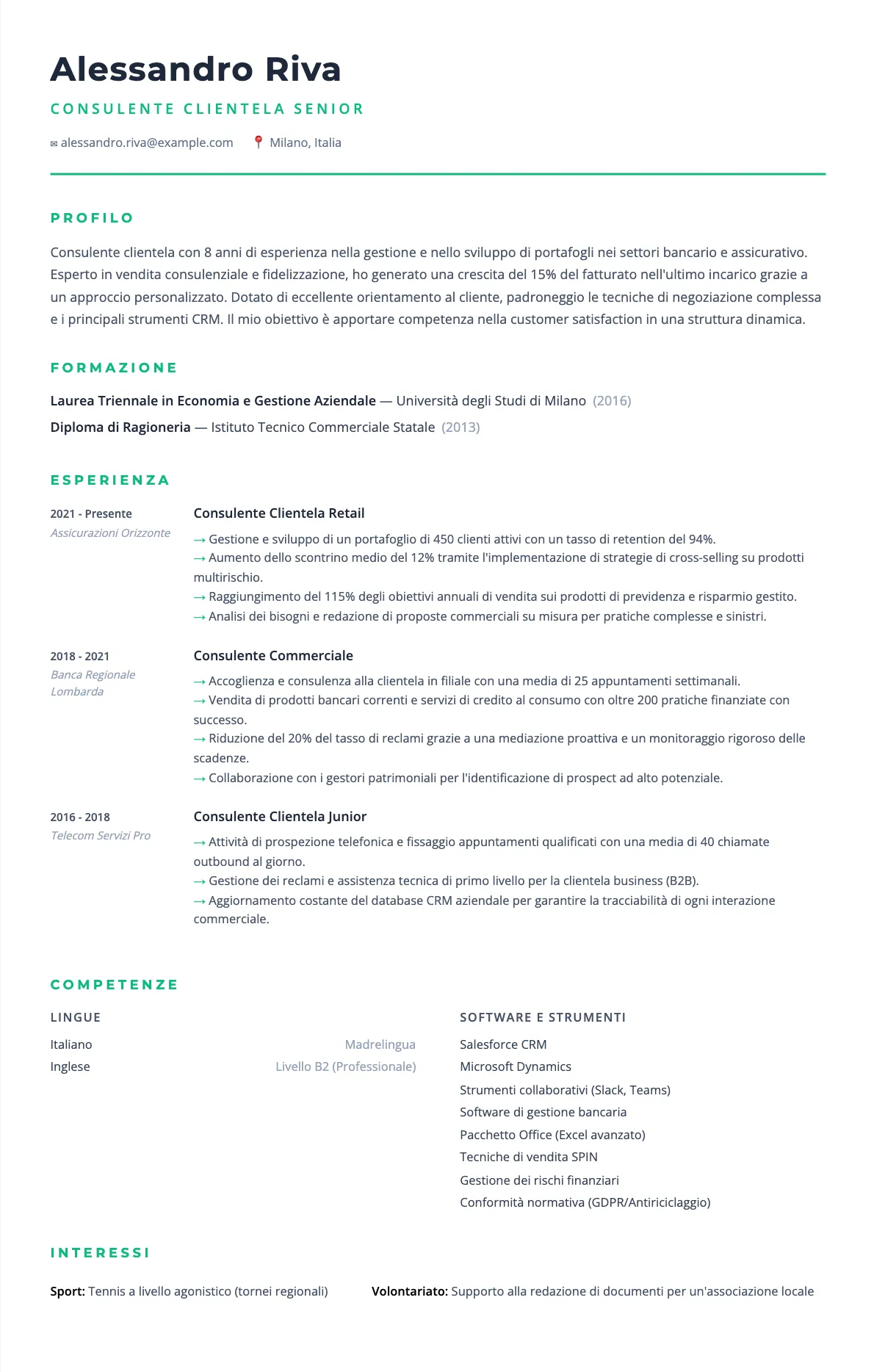 Esempio di CV Consulente Clientela 2026