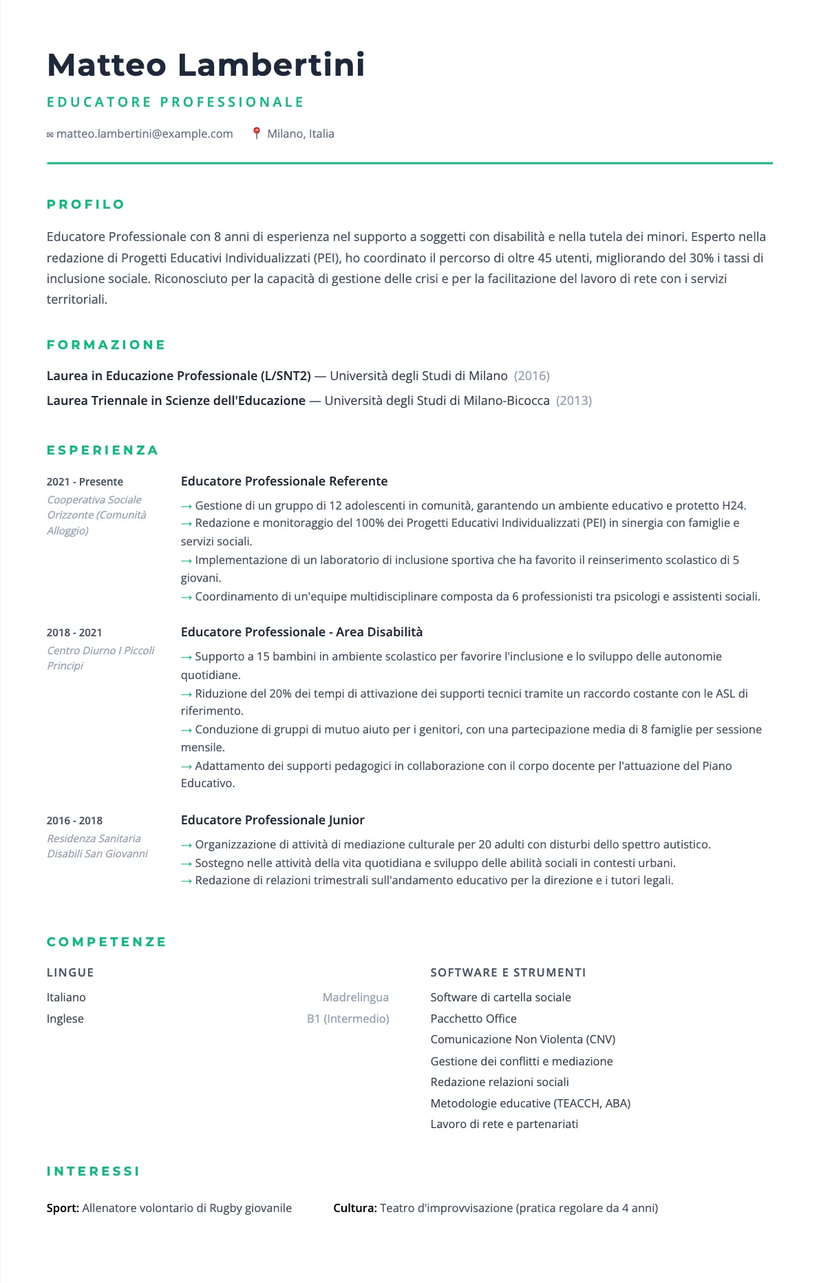 Esempio di CV per Educatore Professionale 2026