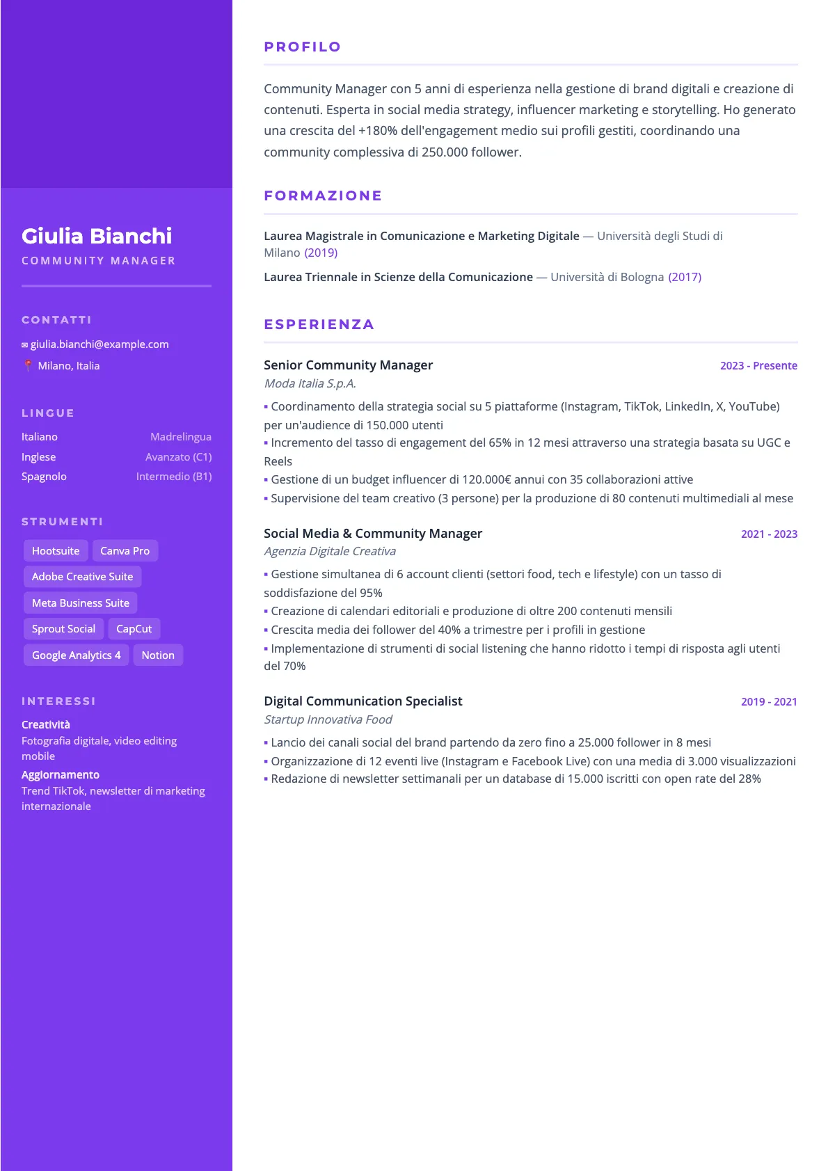 Esempio di CV per Community Manager 2026