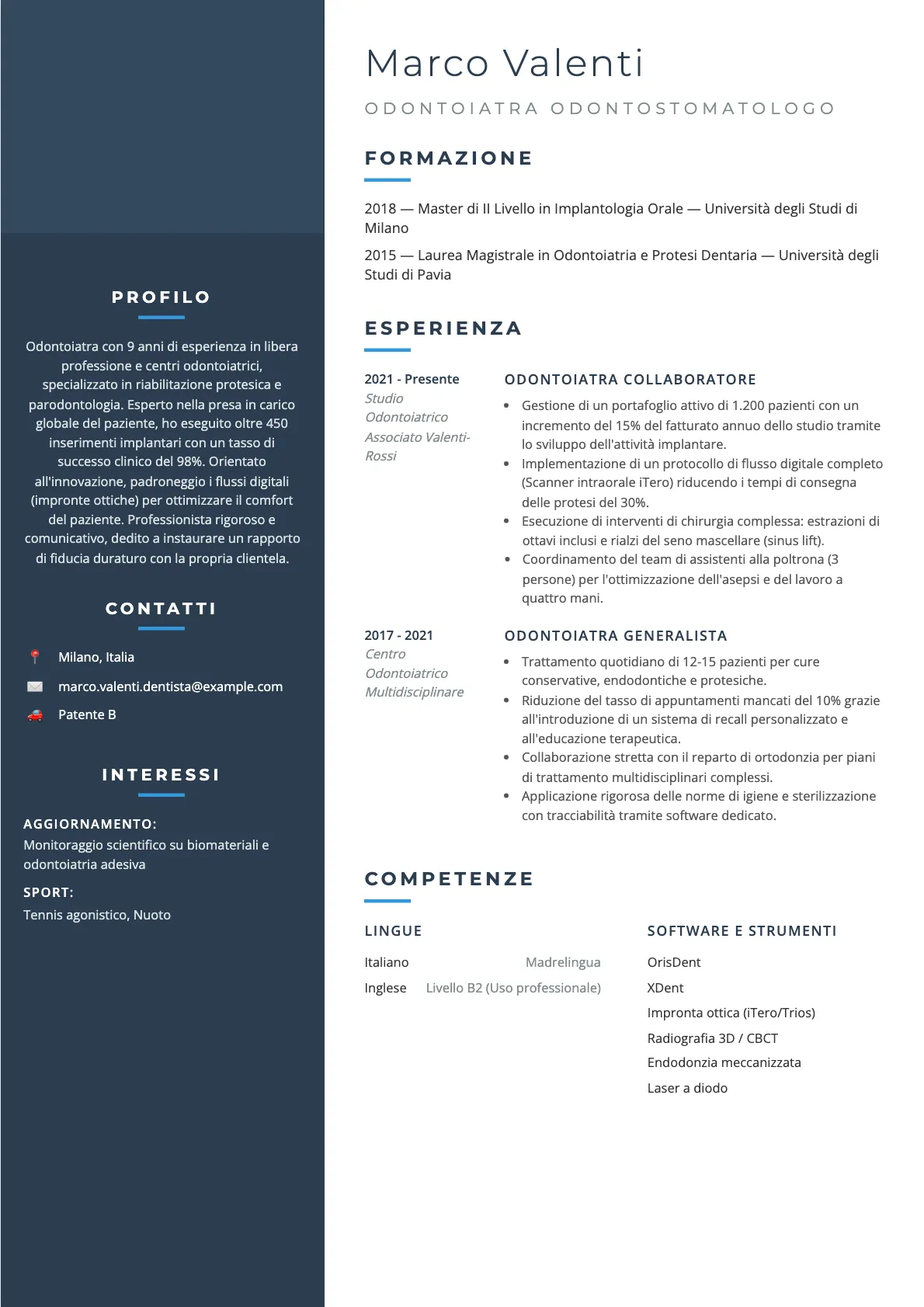 Esempio di CV per Odontoiatra 2026