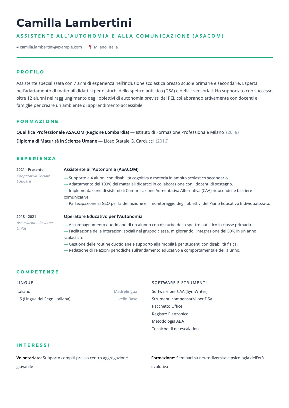 Esempio CV ASACOM 2026: Guida all'Inclusione Scolastica