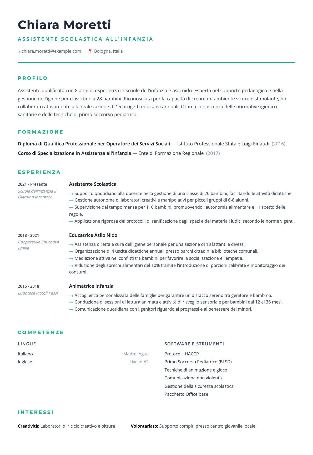 Esempio CV Assistente Scolastica Infanzia 2026