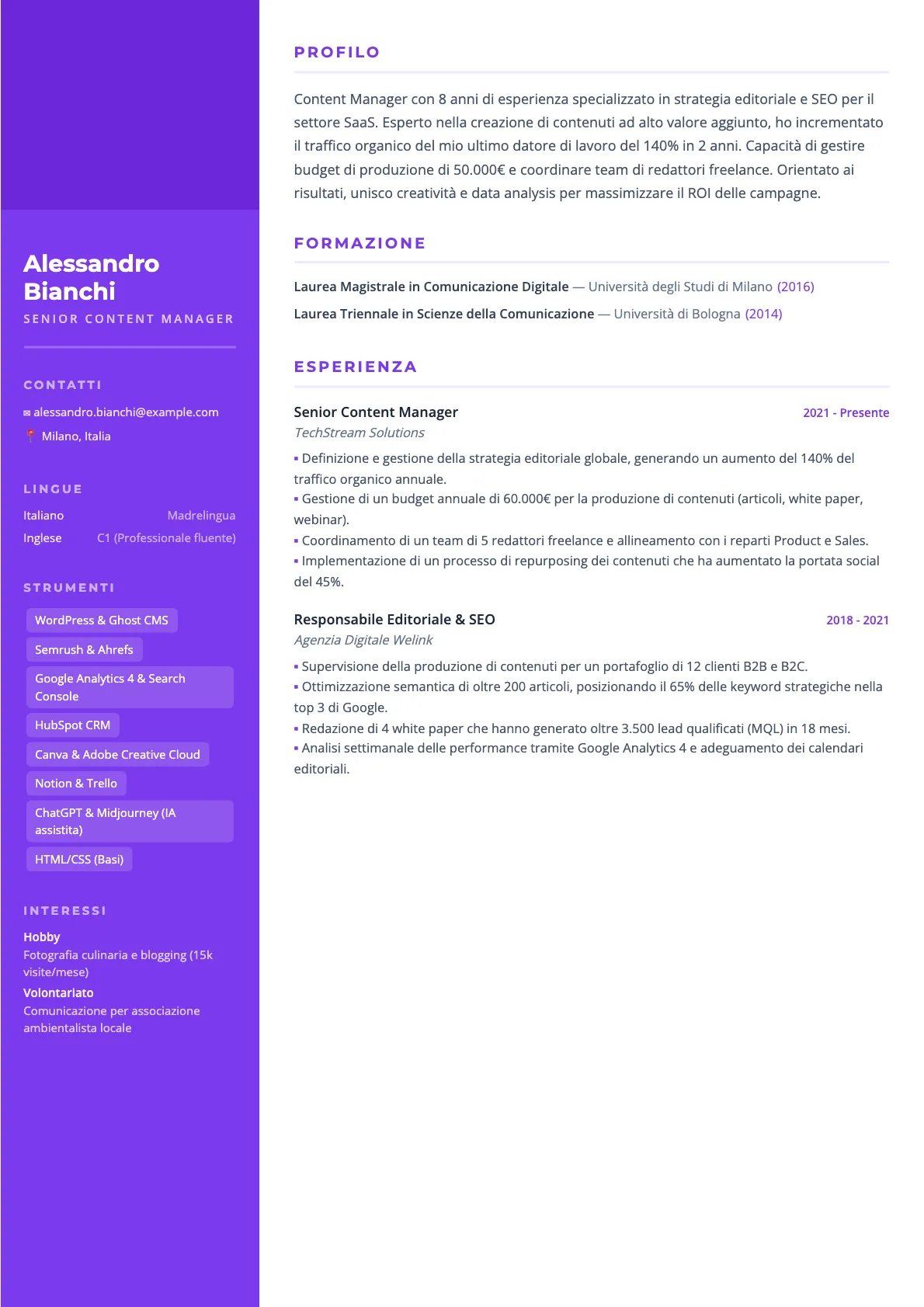 Esempio di CV Content Manager 2026