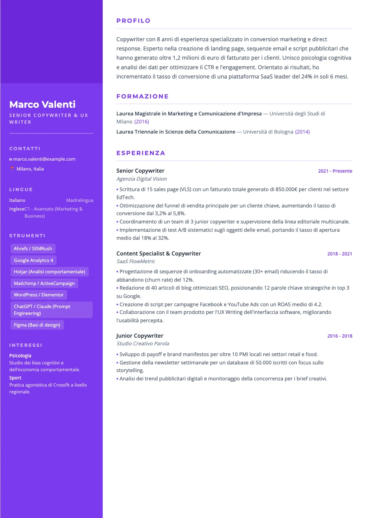 Esempio di CV Copywriter 2026: Guida e Modello
