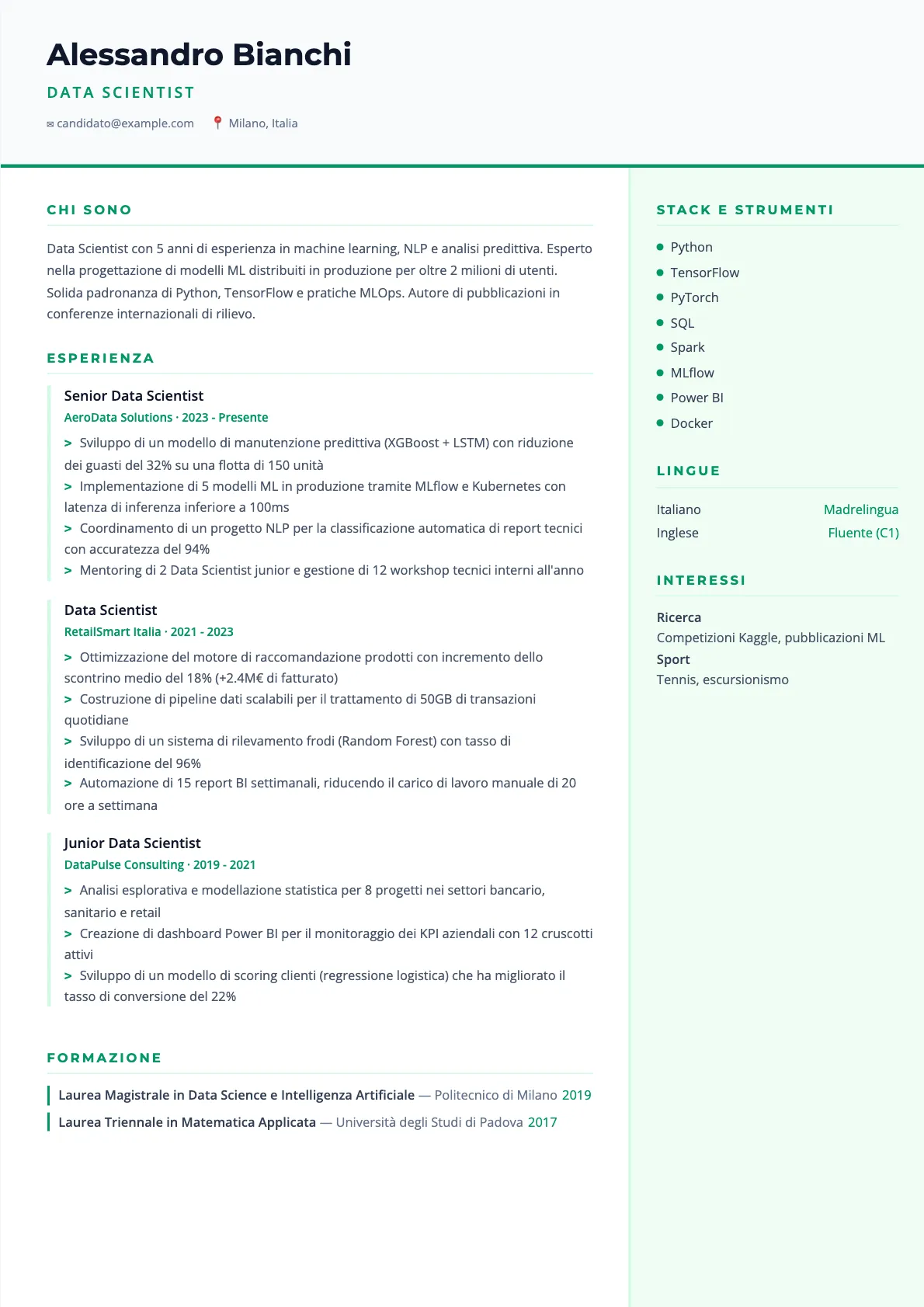 Esempio CV Data Scientist 2026: Guida e Modello