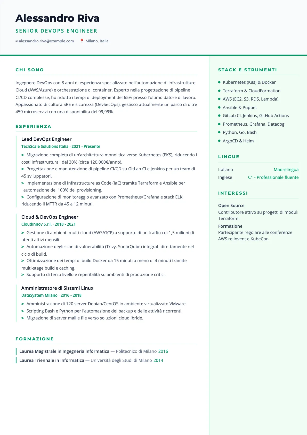 Esempio di CV DevOps Engineer 2026