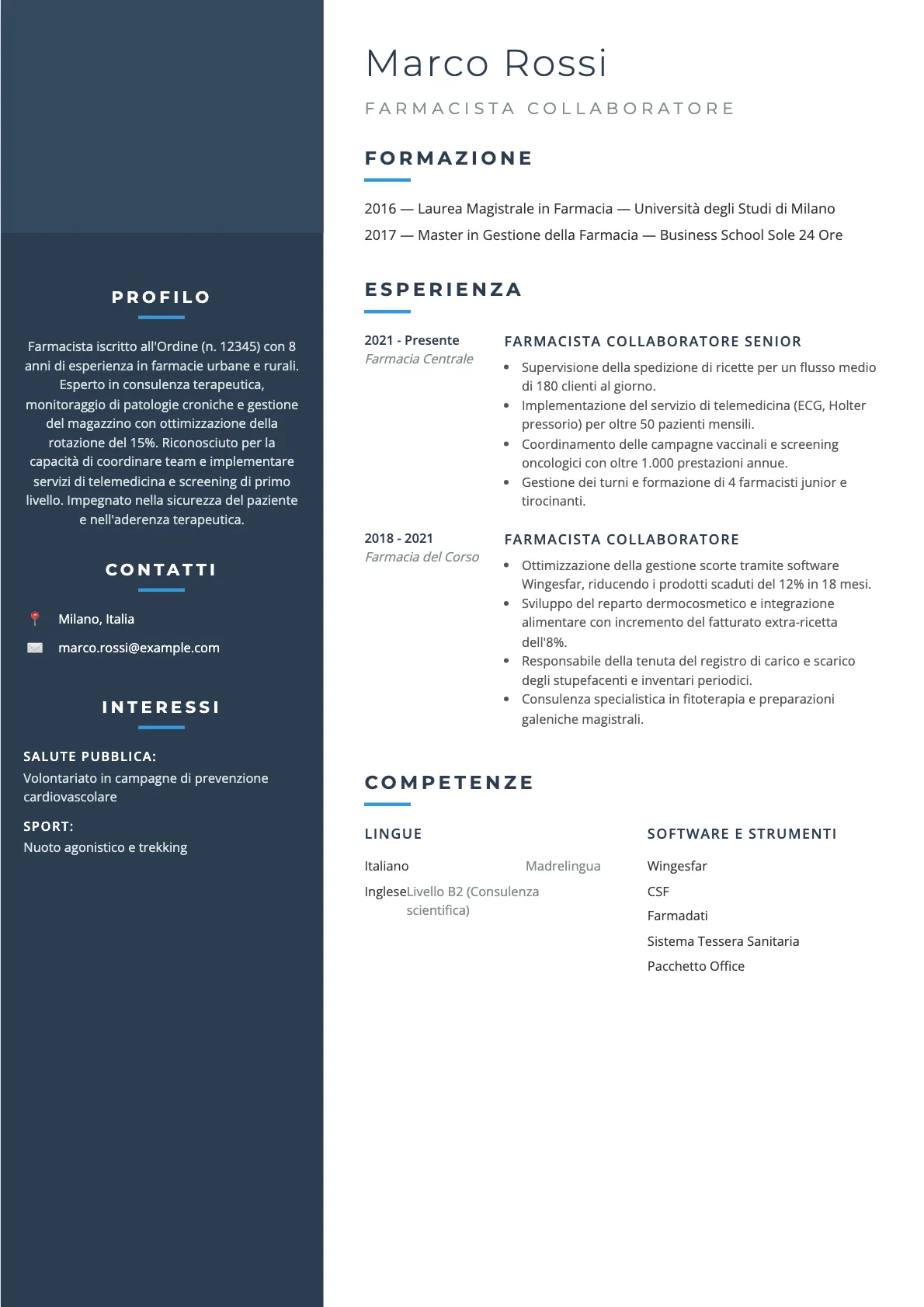 Esempio di CV Farmacista 2026