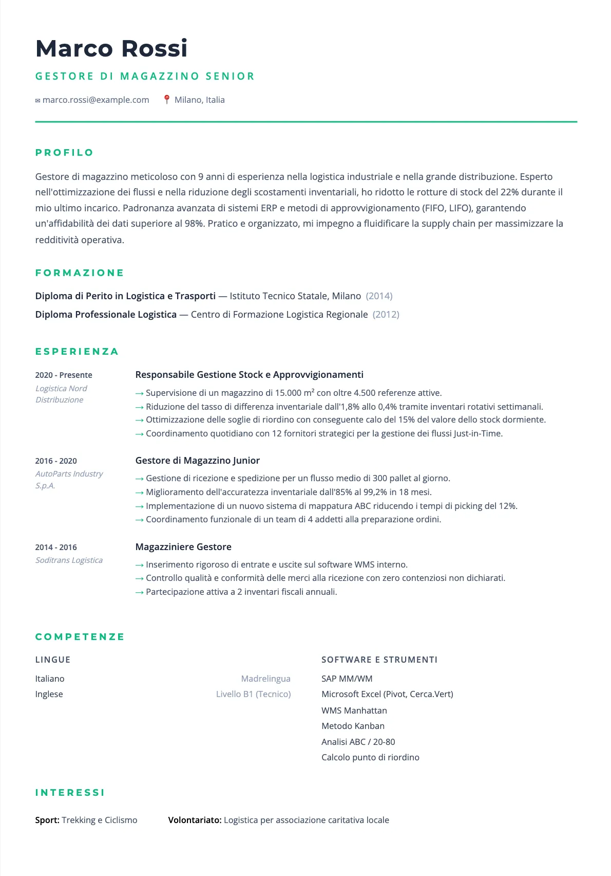 CV Gestore di Magazzino: Esempio 2026 e Competenze