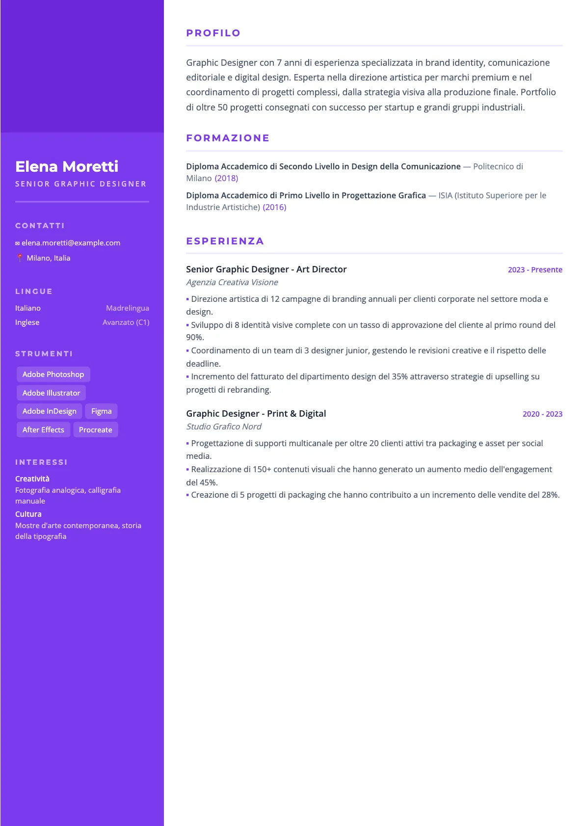 Esempio di CV per Graphic Designer 2026