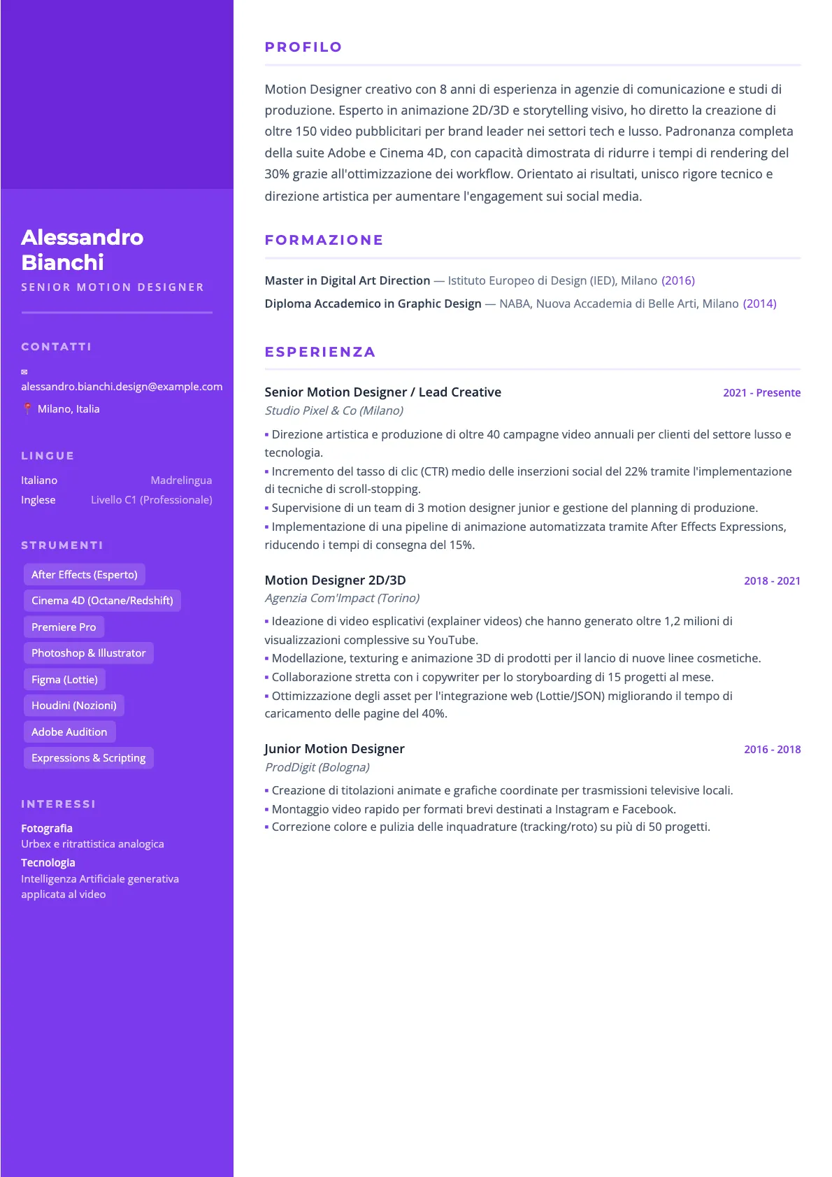 Esempio di CV per Motion Designer 2026