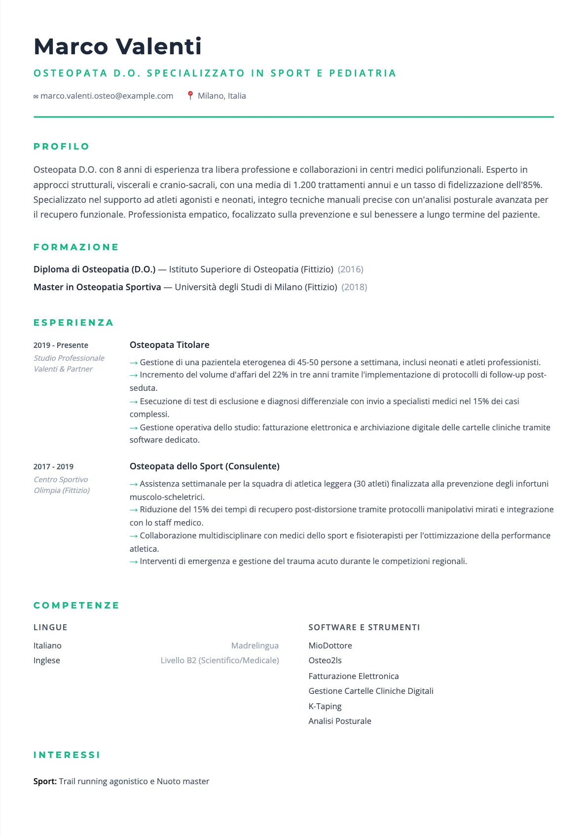 Esempio di CV per Osteopata 2026