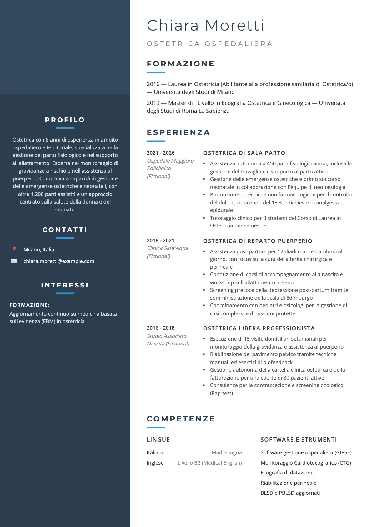 CV ostetrica: esempio 2026, neolaureata e professionista esperta