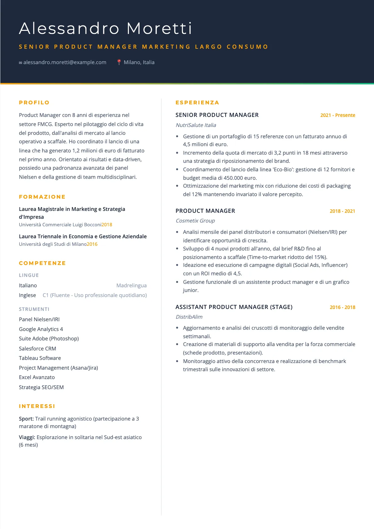 Esempio di CV Product Manager Marketing Largo Consumo 2026