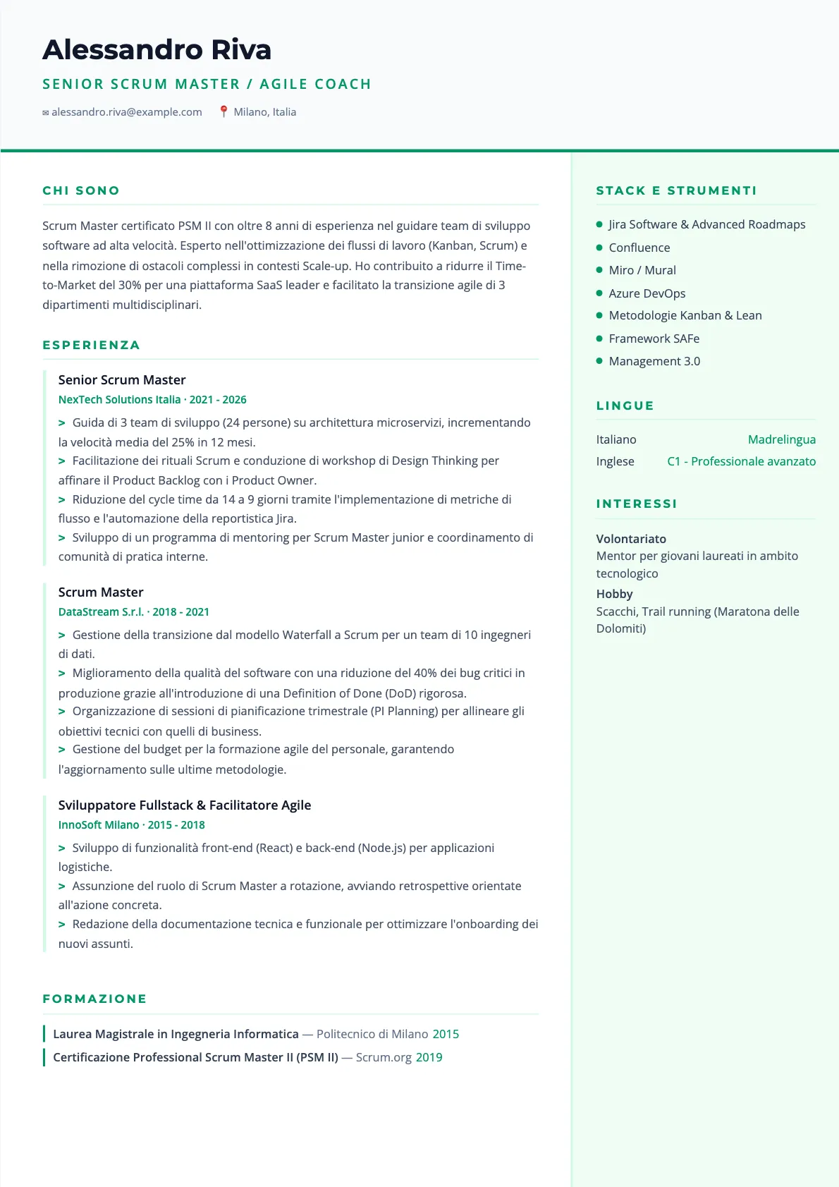 Esempio di CV Scrum Master 2026