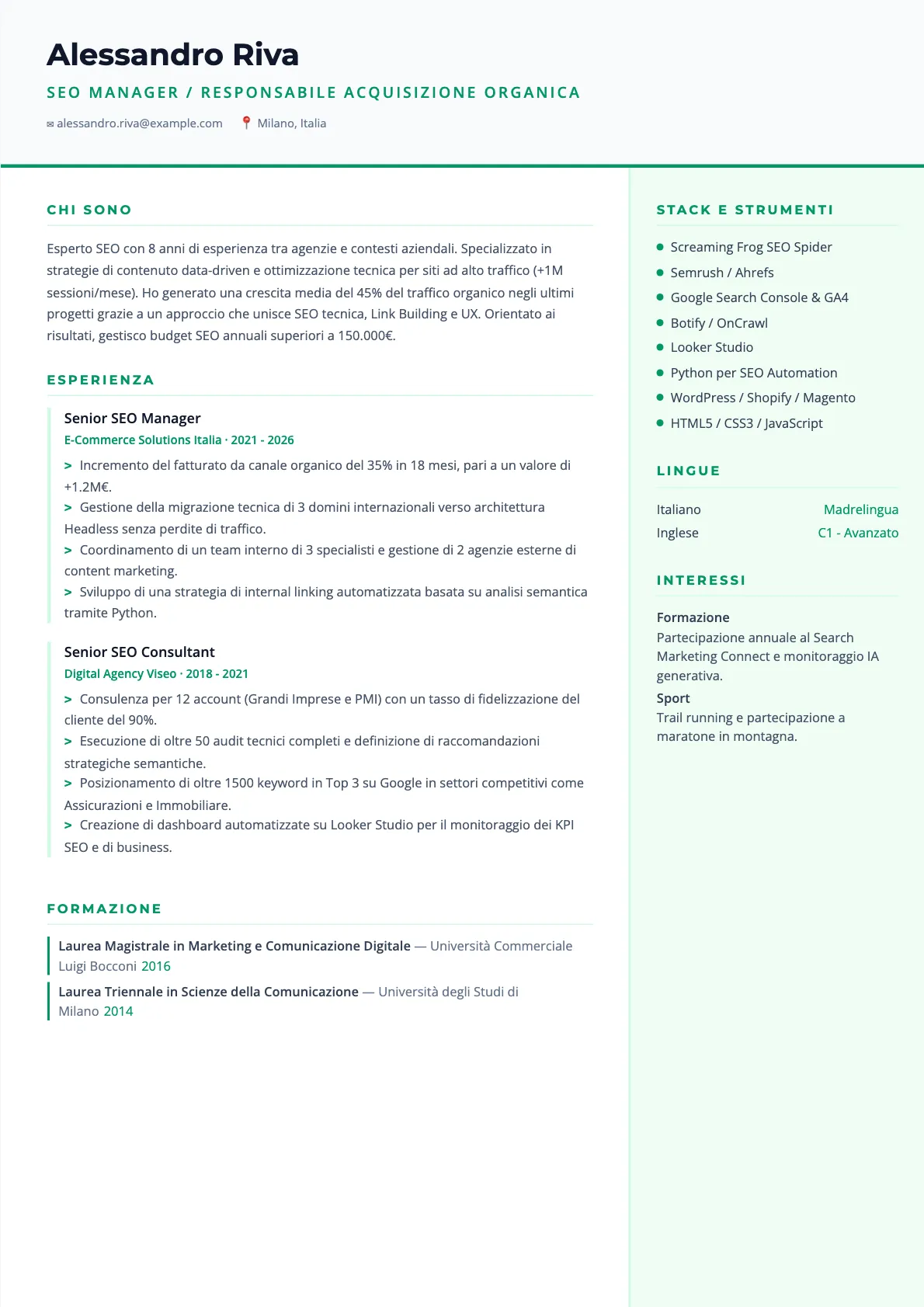 Esempio di CV per SEO Manager 2026