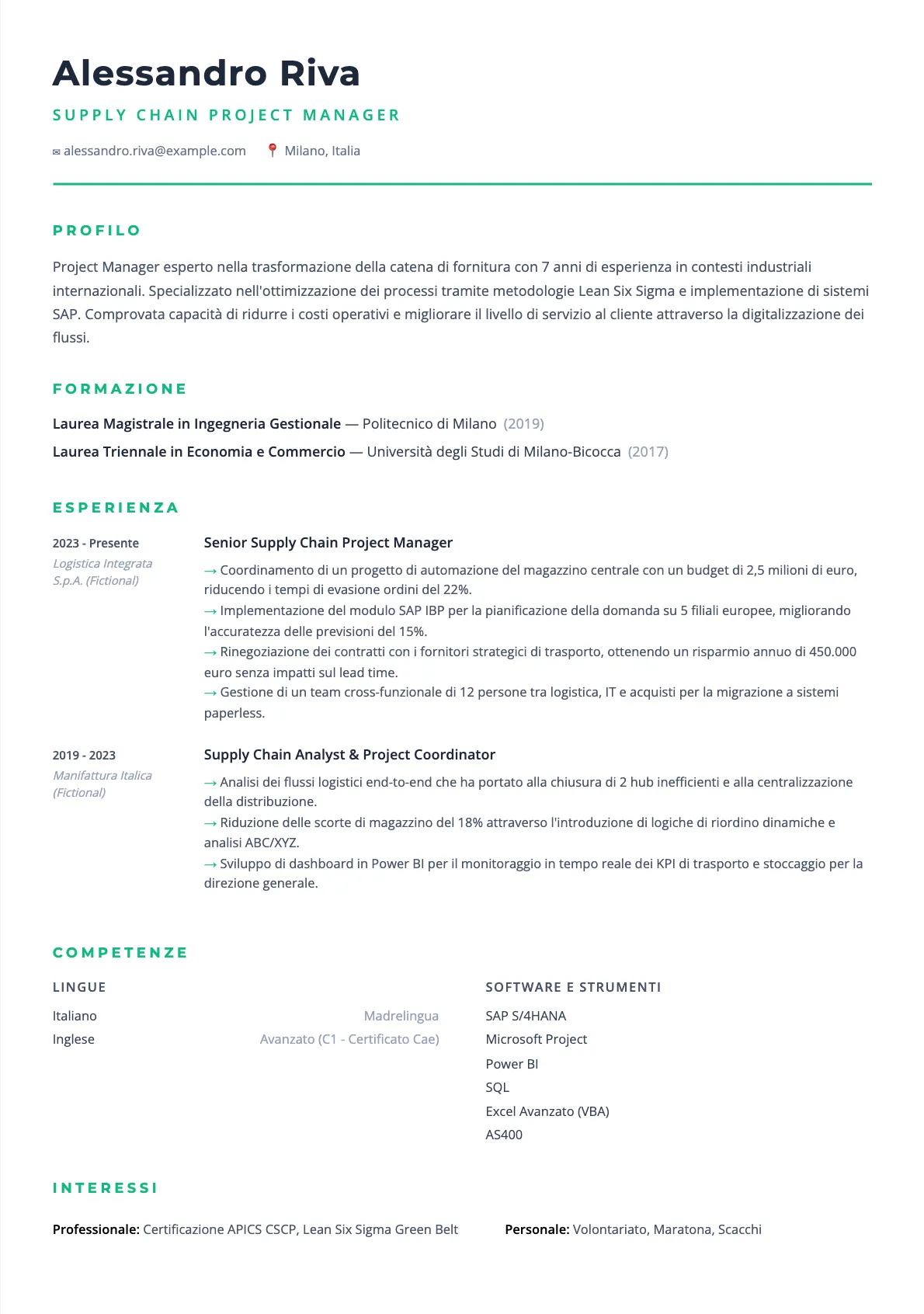 Esempio CV Supply Chain Project Manager 2026