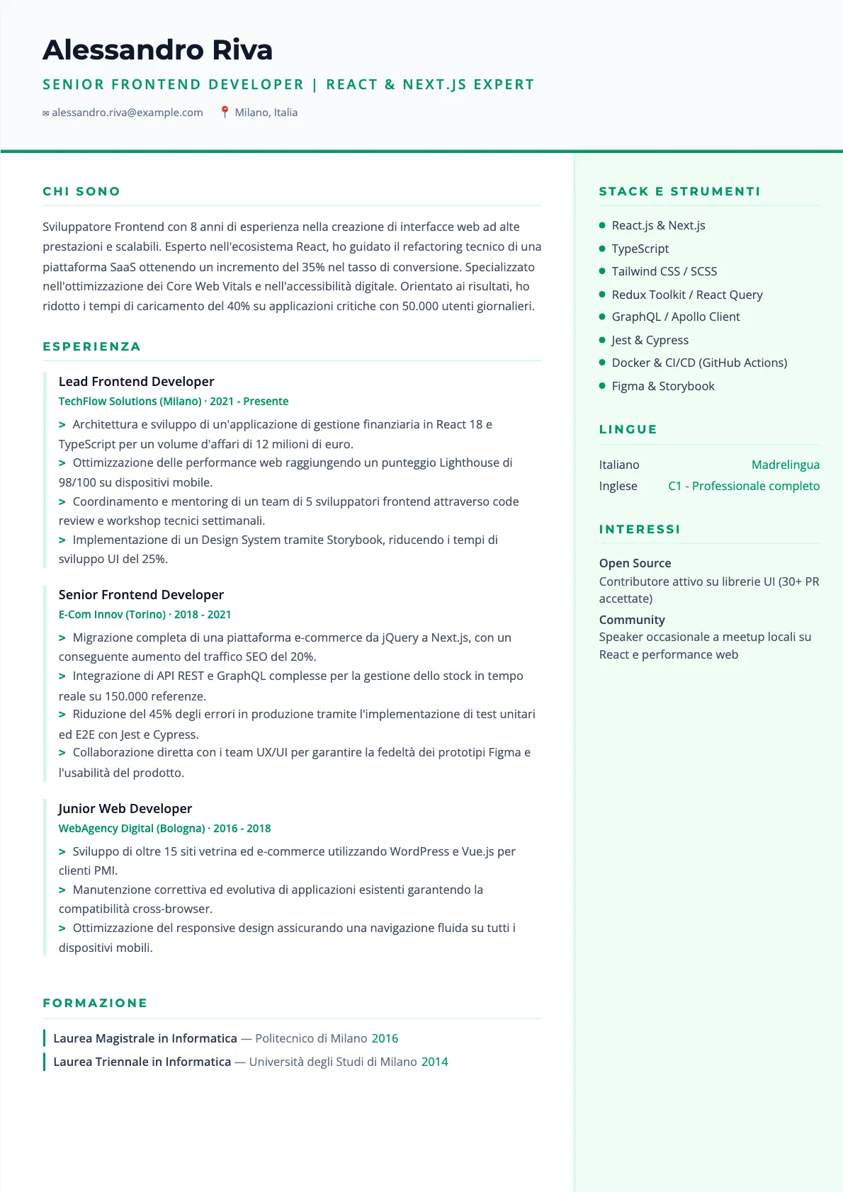 Esempio di CV Sviluppatore Frontend 2026