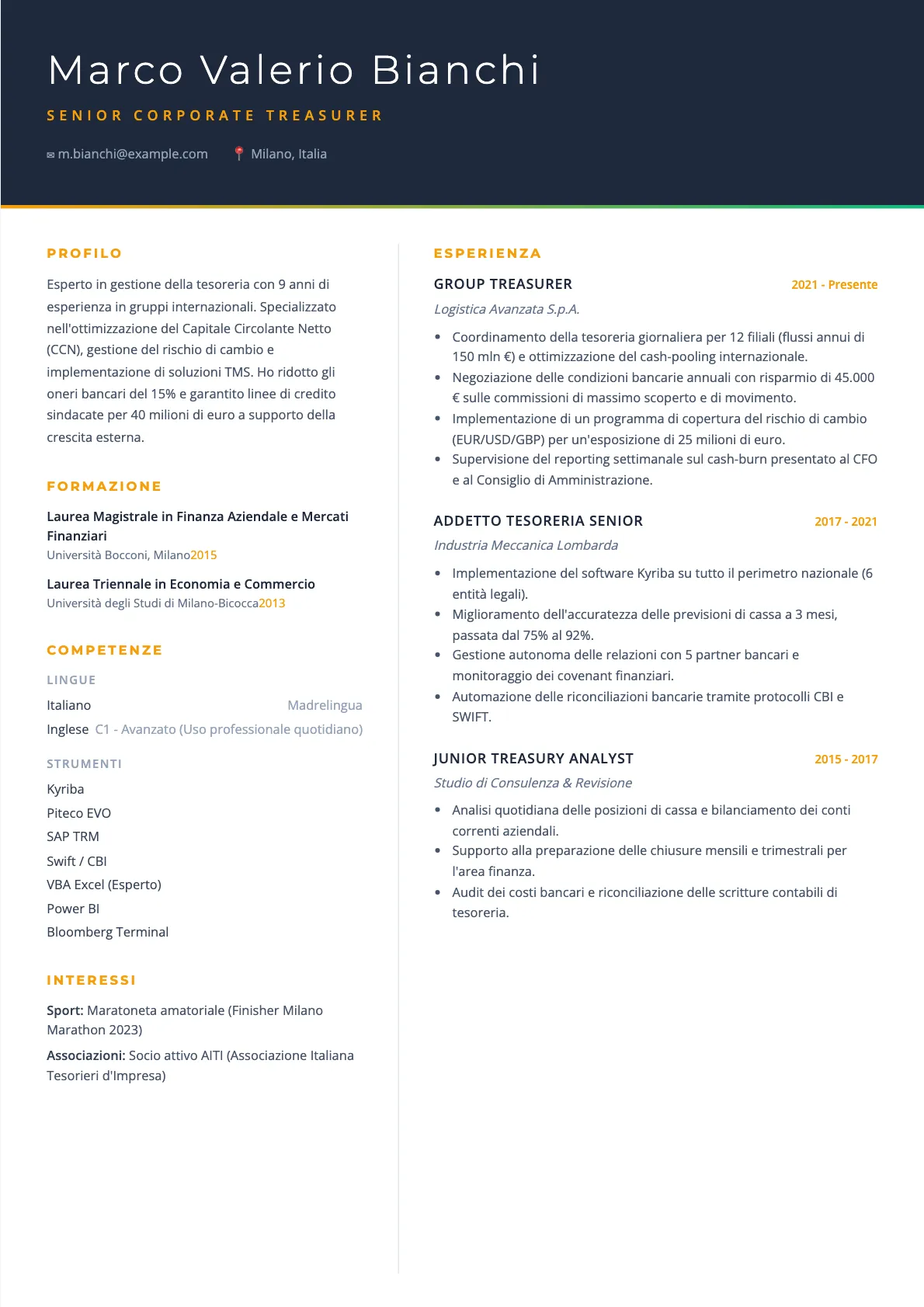 Esempio di CV Tesoriere d'Azienda 2026