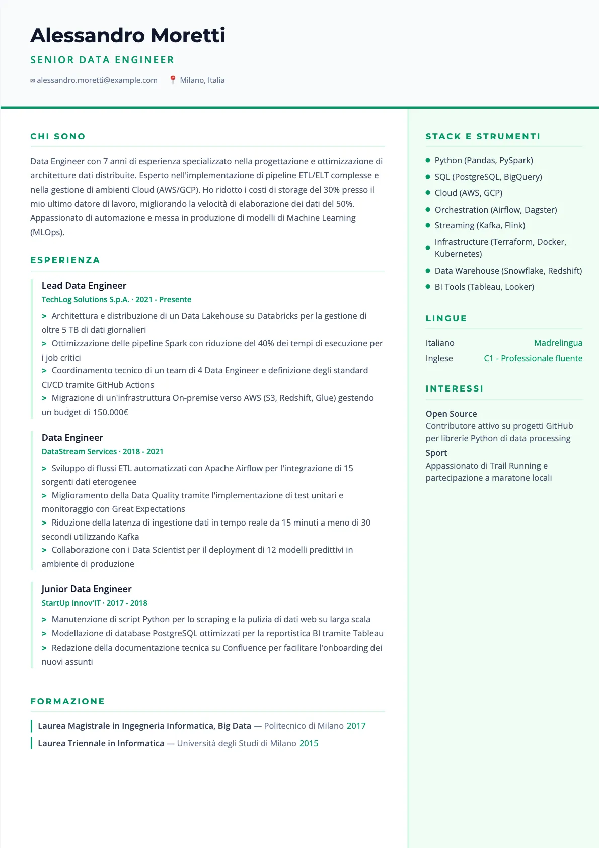 Esempio di CV Data Engineer 2026