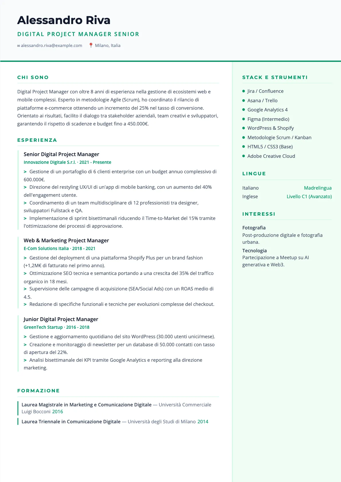 Esempio di CV Digital Project Manager 2026