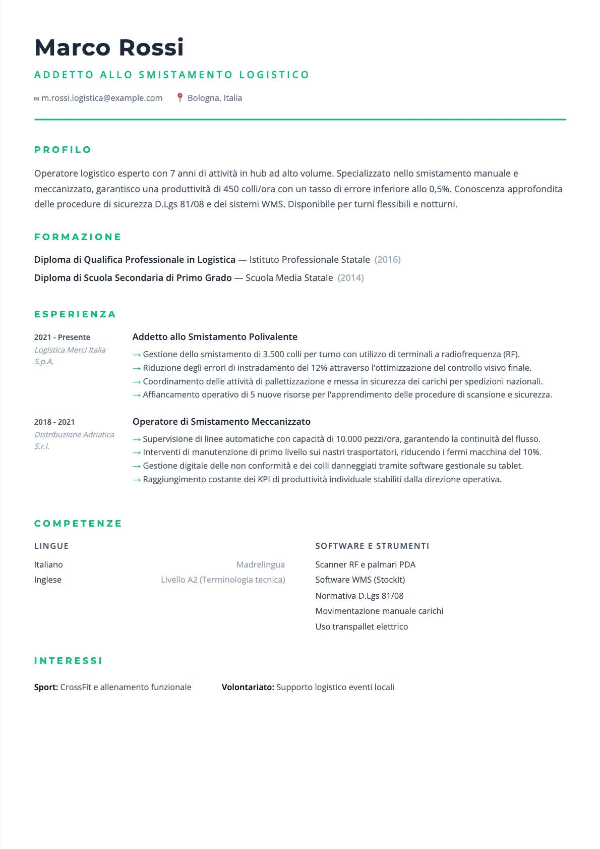 Esempio di CV Addetto allo Smistamento 2026