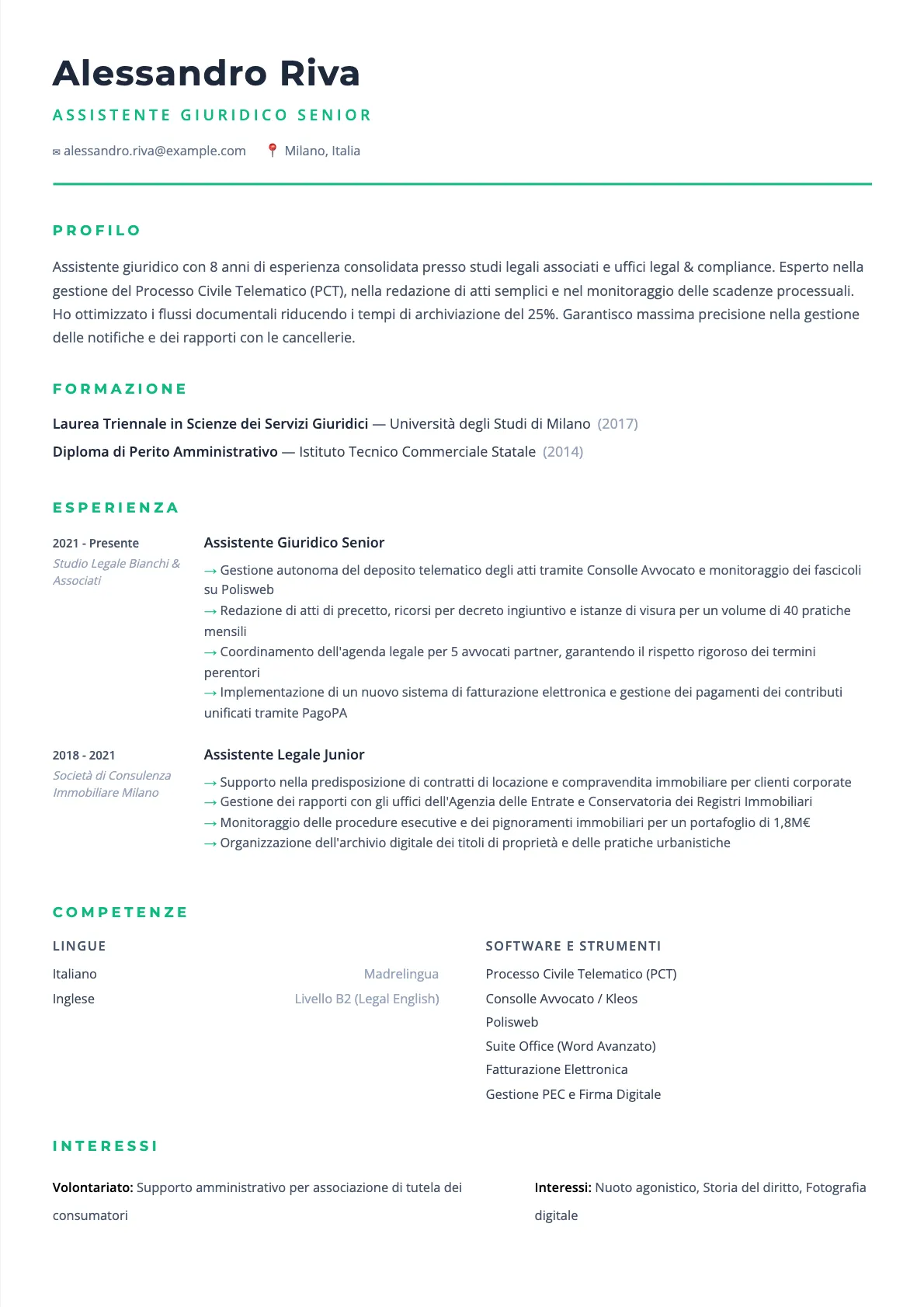 Esempio di CV per Assistente Giuridico 2026