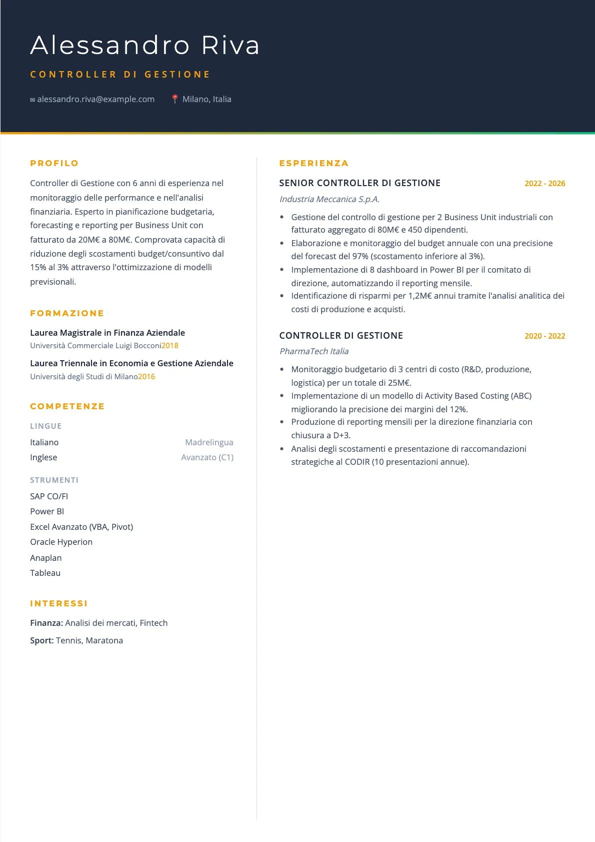 Esempio di CV per Controller di Gestione 2026