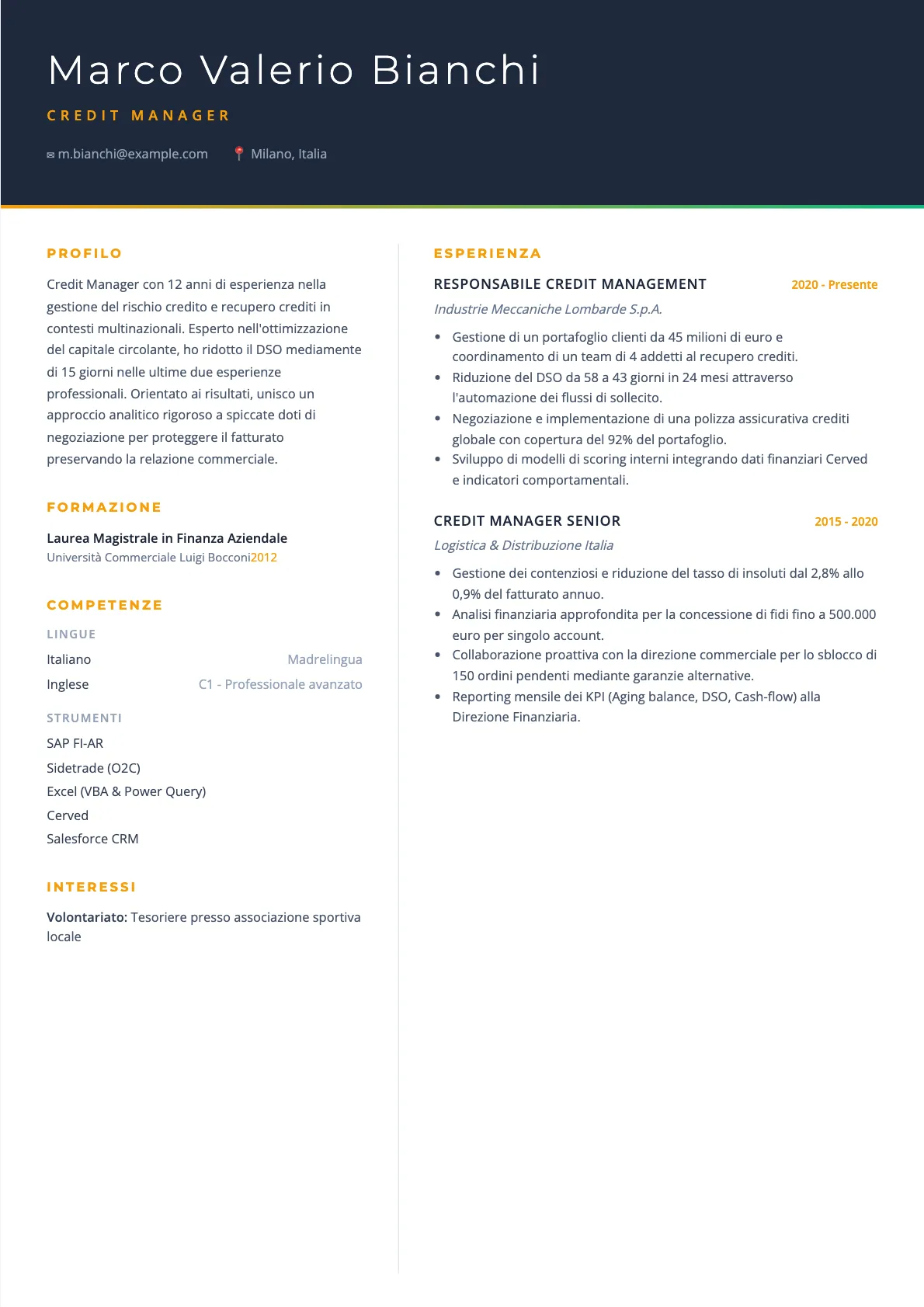 Esempio CV Credit Manager 2026: Guida e Modello