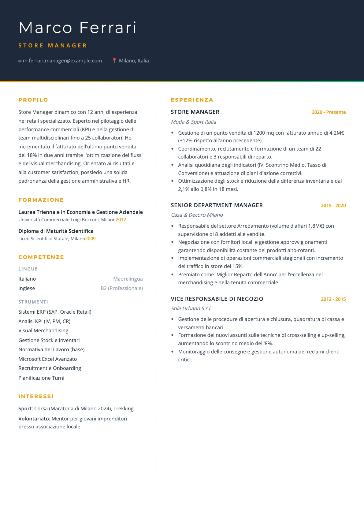 Esempio di CV Store Manager 2026