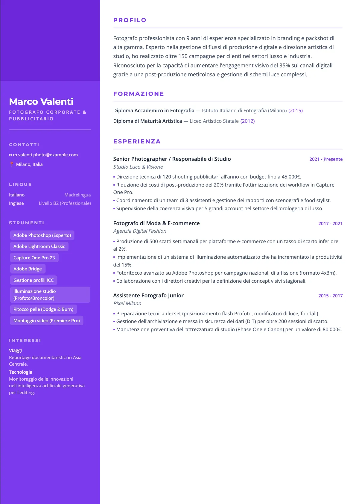 Esempio CV Fotografo Professionista 2026: Guida Completa