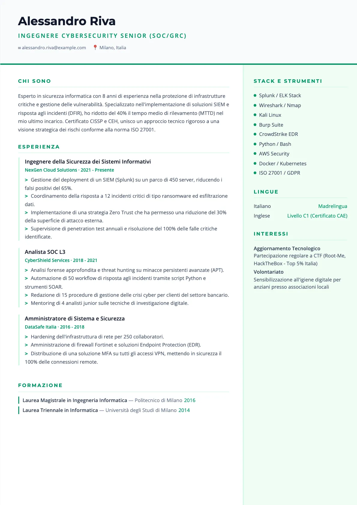 Esempio di CV per Ingegnere Cybersecurity 2026