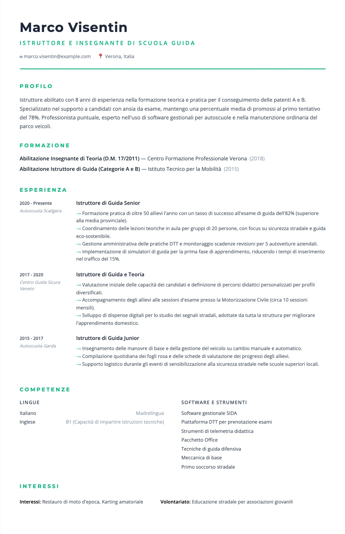 Esempio di CV Istruttore di Scuola Guida 2026