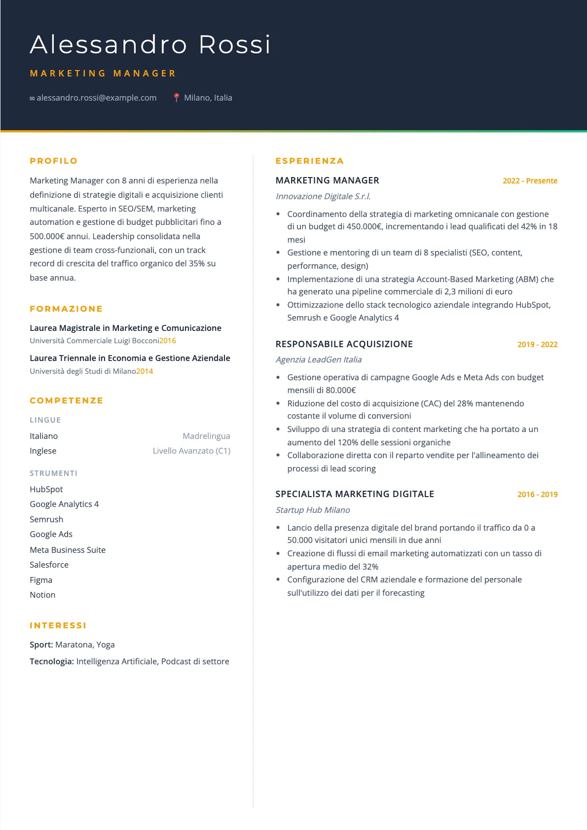 Esempio di CV per Marketing Manager 2026