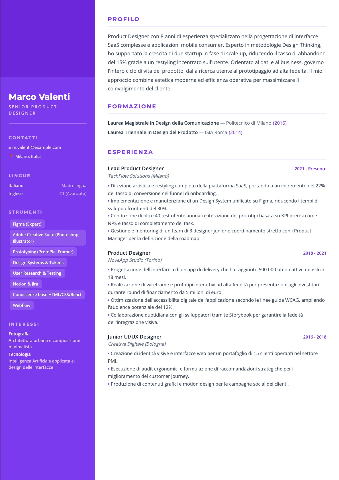 Esempio di CV Product Designer 2026