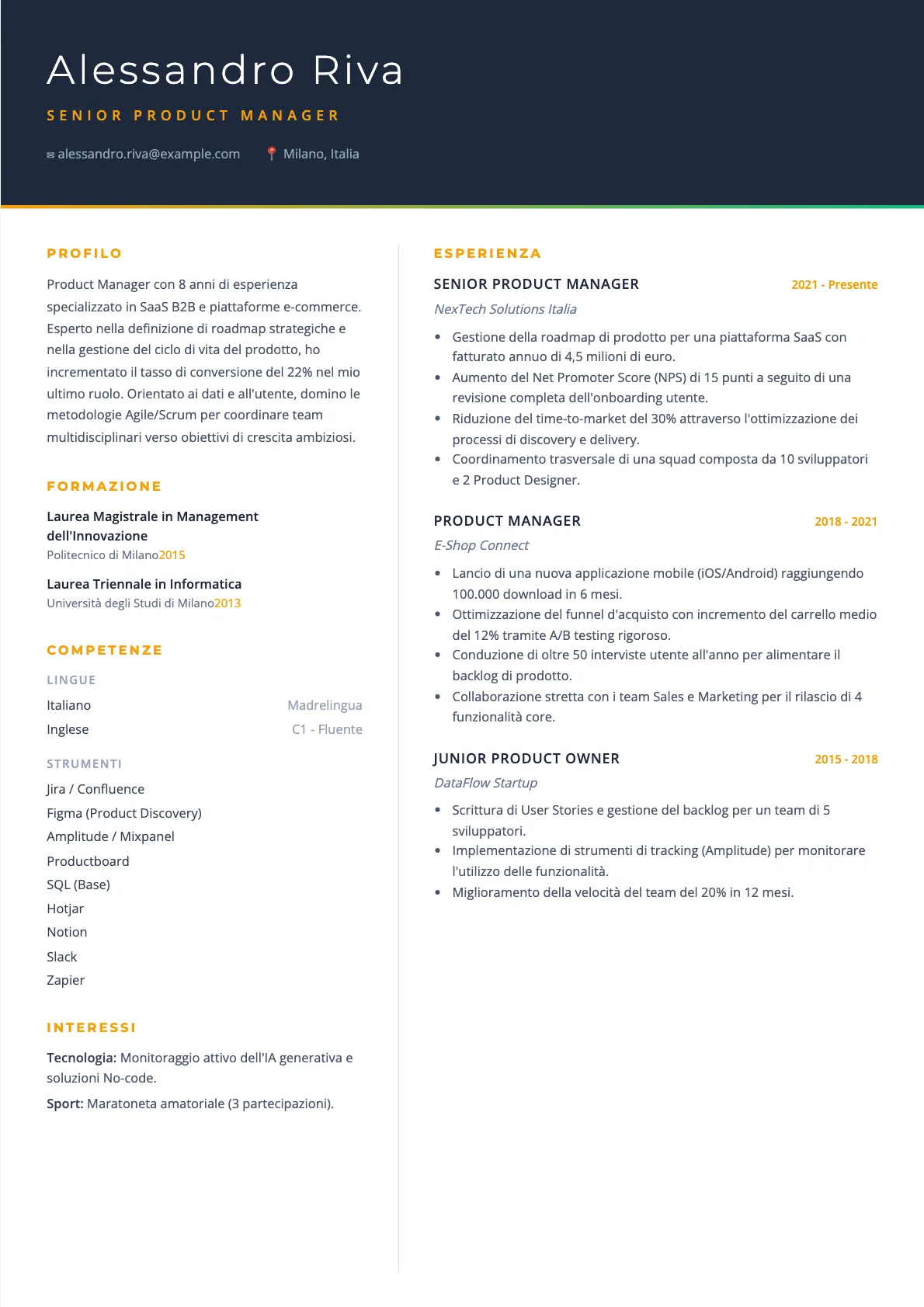 Esempio di CV Product Manager 2026