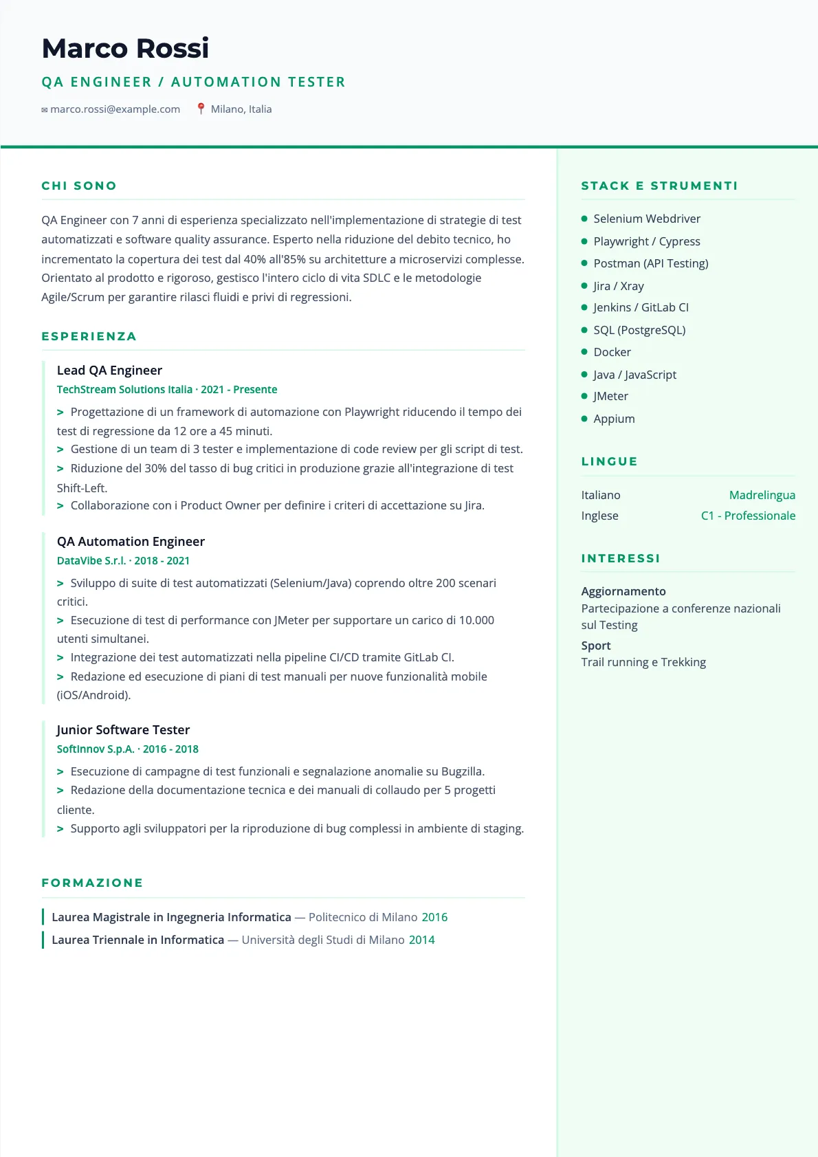 Esempio di CV per QA Engineer 2026