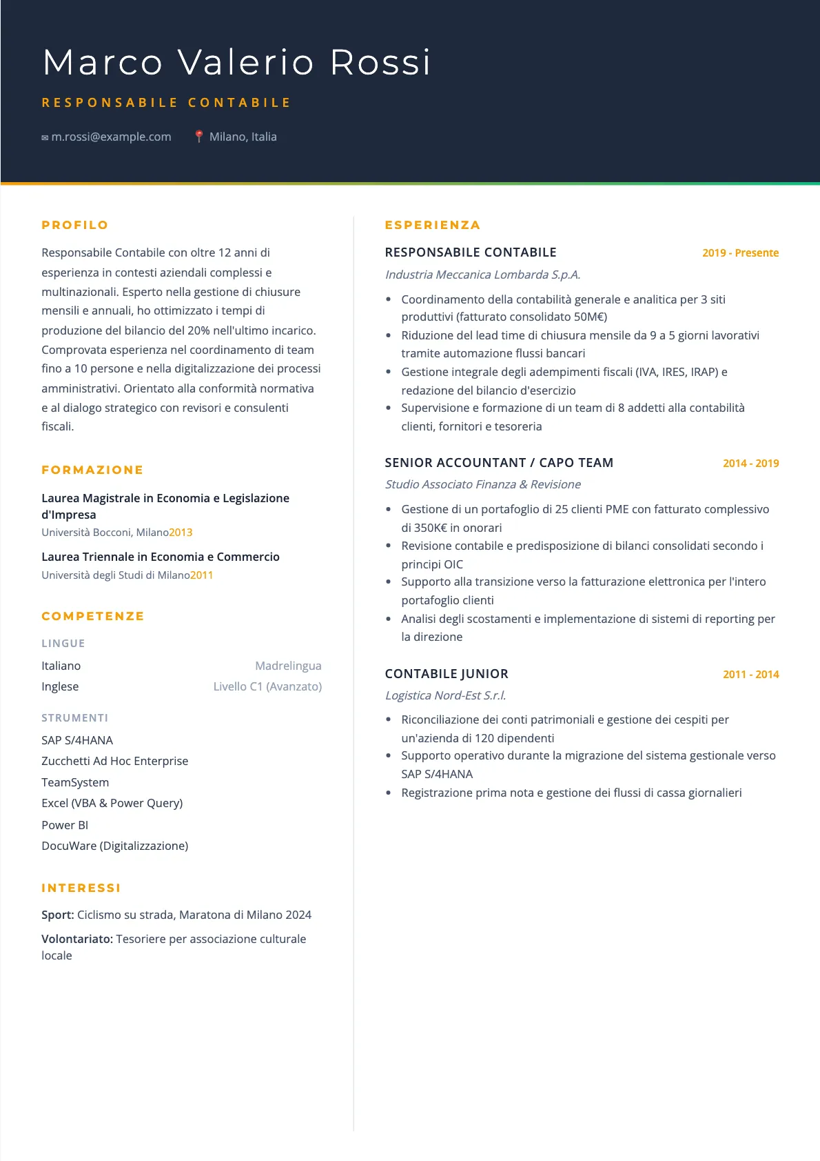 Esempio di CV per Responsabile Contabile 2026