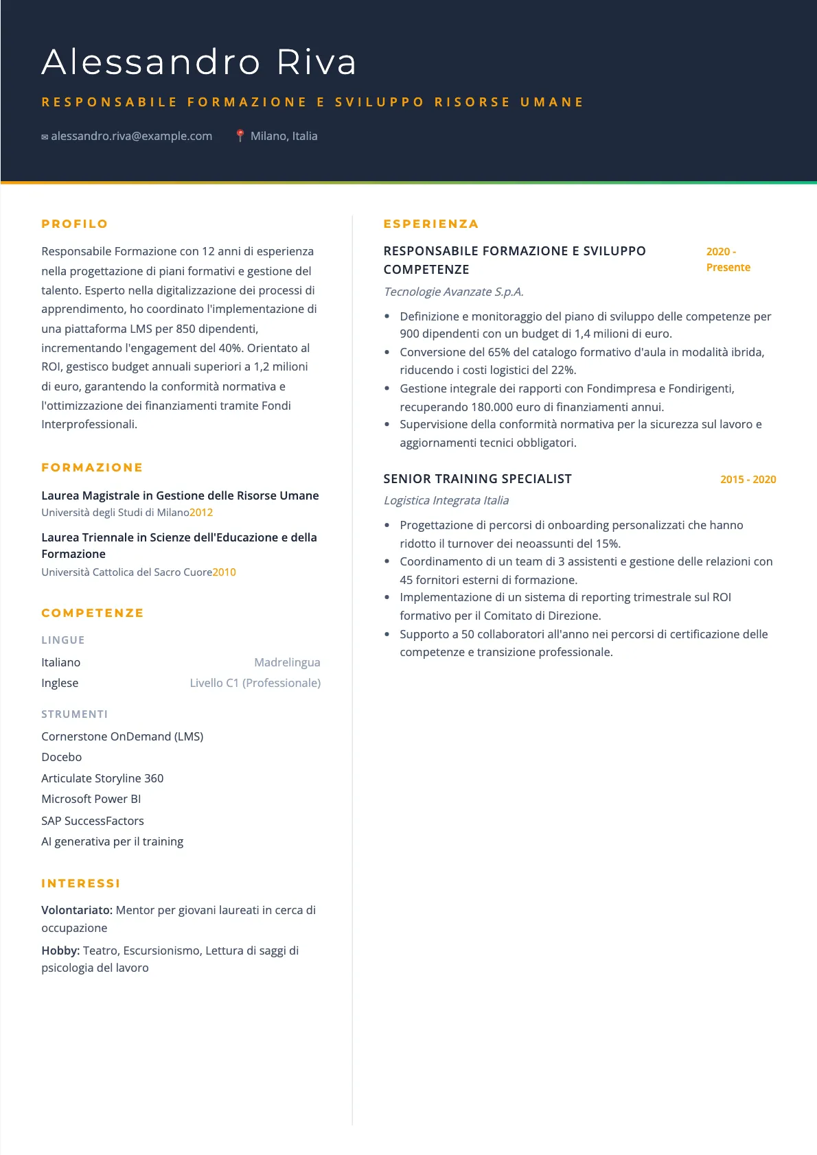 Esempio di CV Responsabile Formazione 2026