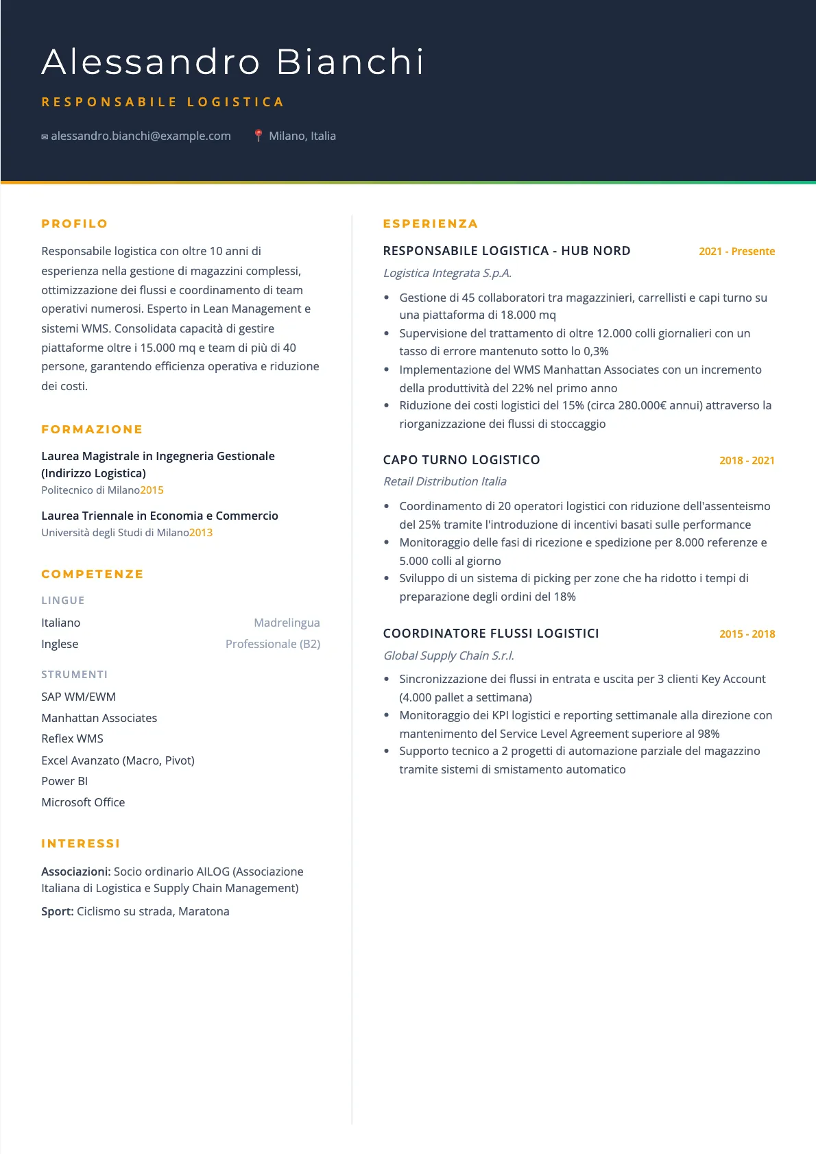 Esempio di CV Responsabile Logistica 2026