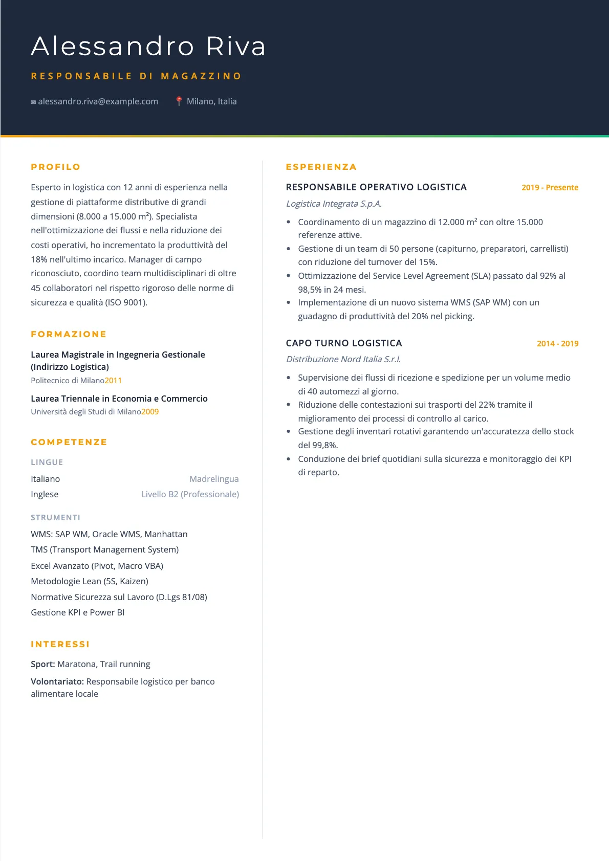 Esempio di CV Responsabile di Magazzino 2026