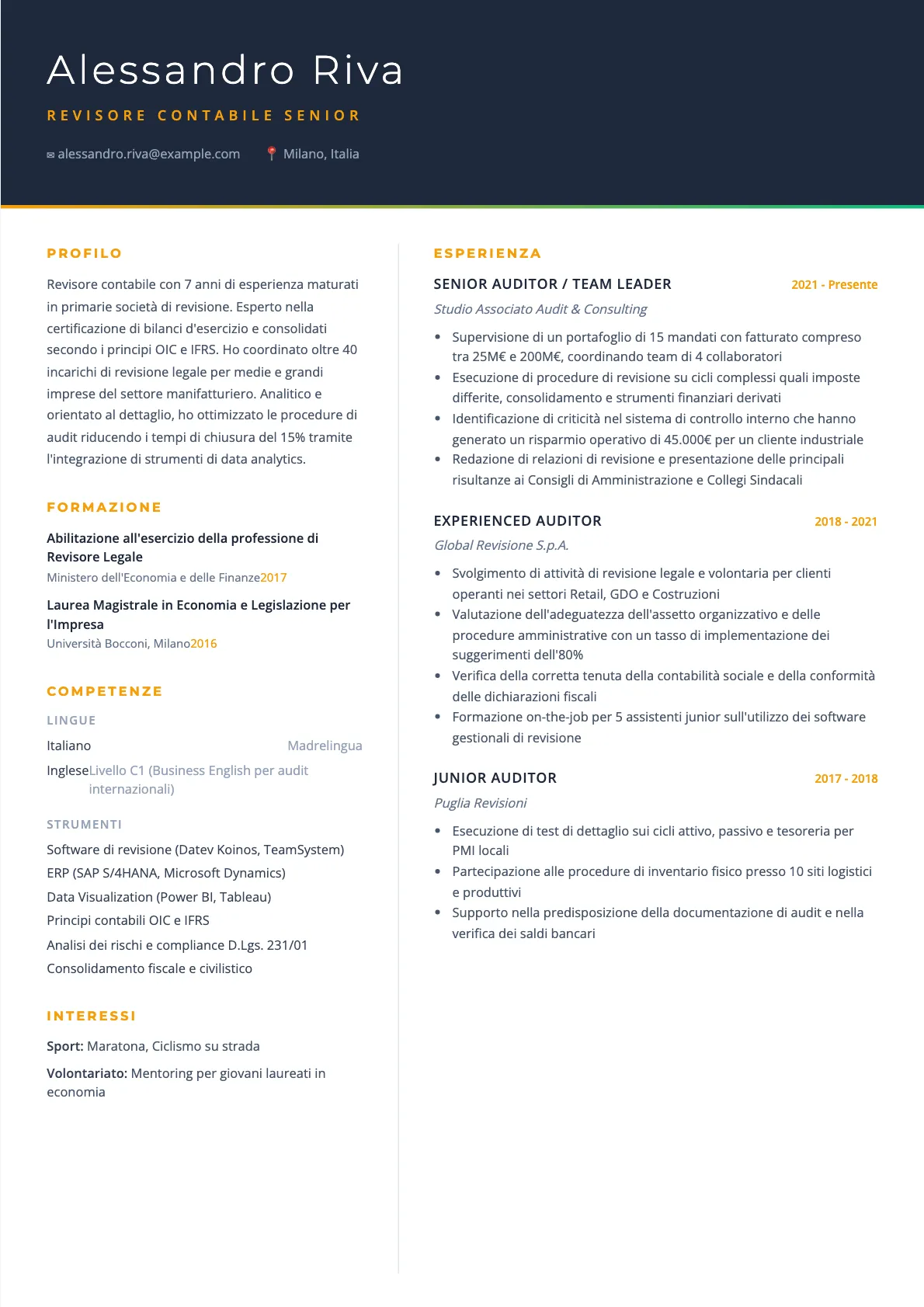 Esempio di CV Revisore Contabile 2026